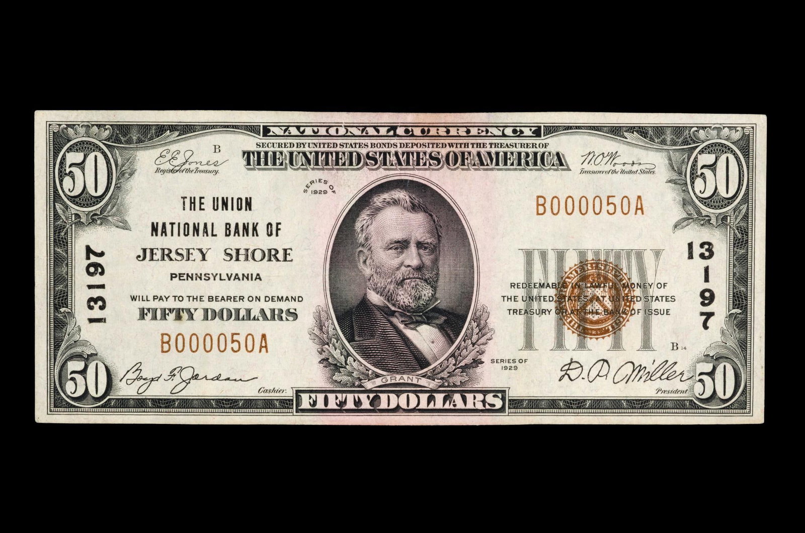 1929 National Currency $50 The Union National Bank Of Jersey Shore PA: Exceedingly rare and not even Heritage has auctioned one. Jersey Shore, Pennsylvania. The Union NB $50. Has a light vertical?band of staining at the portrait area front and back. It was obtained from