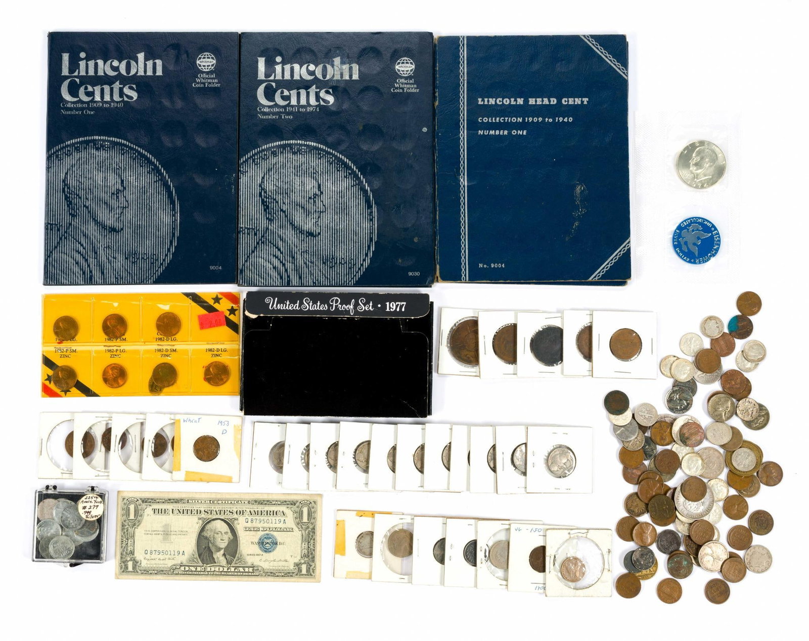 Group Of Various Silver Coins Wheat Cents Others: This lot contains at least 23 silver dimes, three silver quarters, silver Wartime nickels, wheat cents, Indian Head and Flying Eagle cents, Luxembourg 10 Francs silver coin, silver certificate