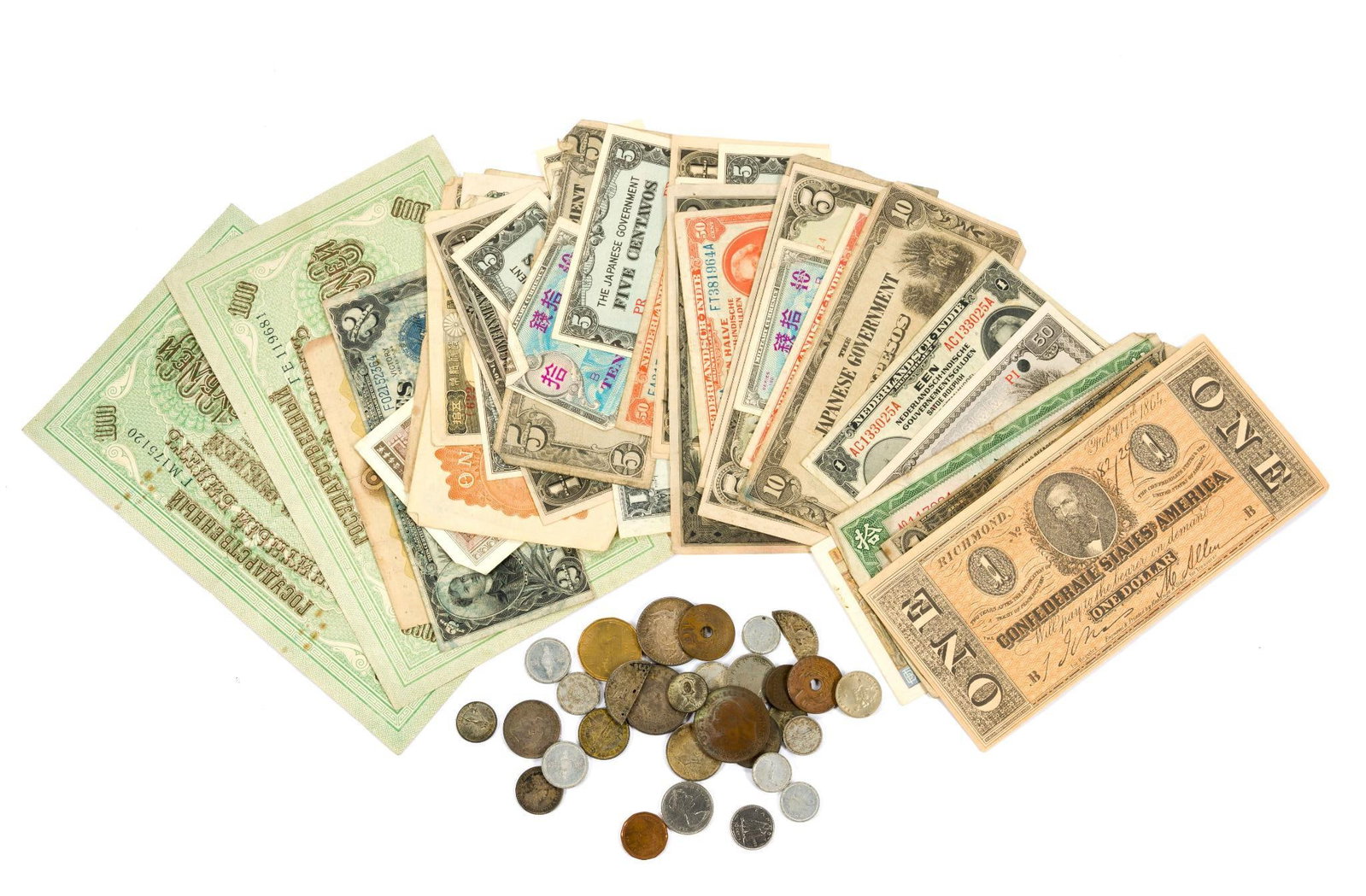 World Coins Paper Currency Silver Coins: A variety of paper currency including Japanese occupation, war payment, silver certificate. Coins include seven silver Australian coins, ten and twenty cents U.S. Philippines?twenty centavos and ten