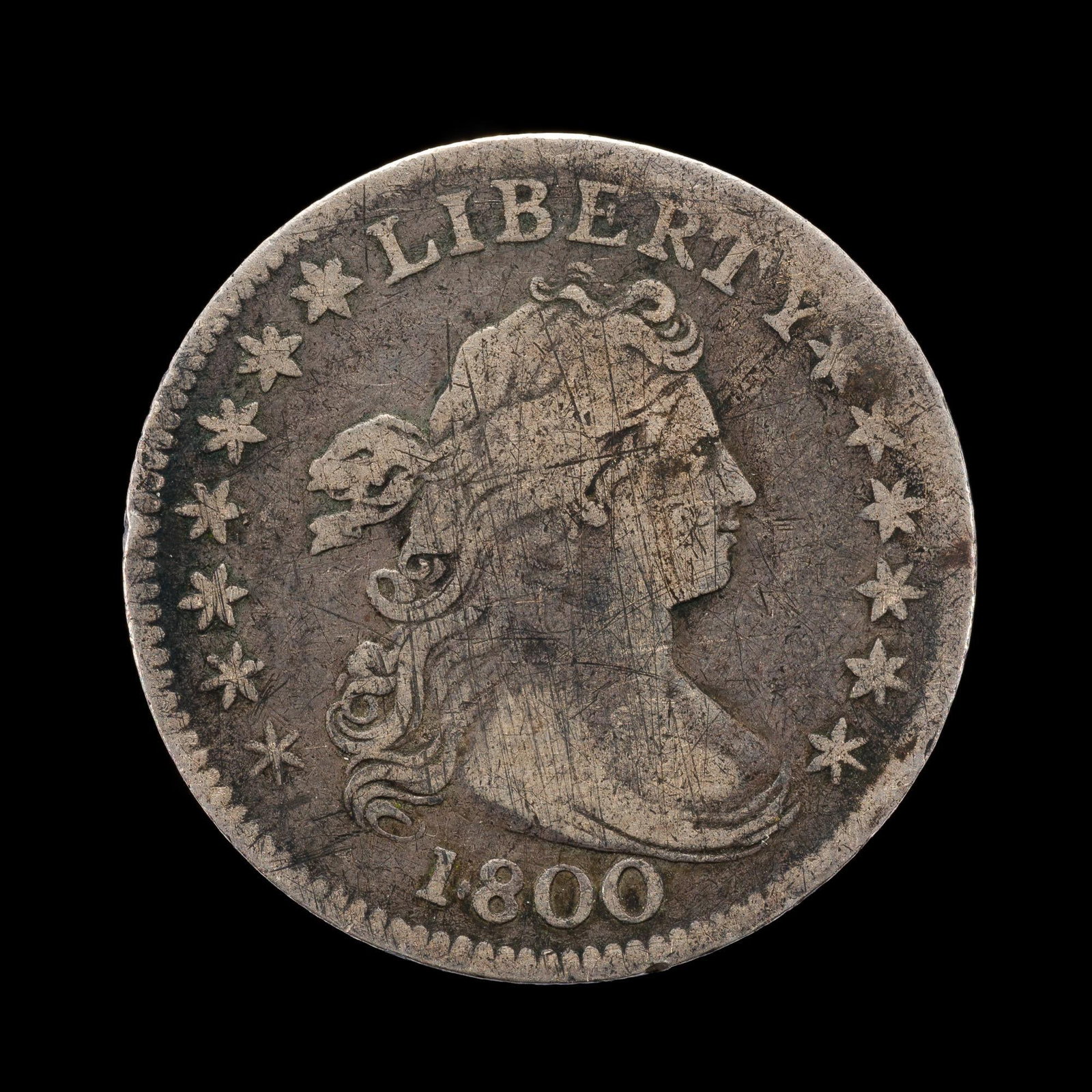 1800 Draped Bust Dime: Good surfaces, VF with numerous adjustment marks.?From a high end, silver and copper United States type set with nearly every major coin type from 1794 through the mid 1900's.