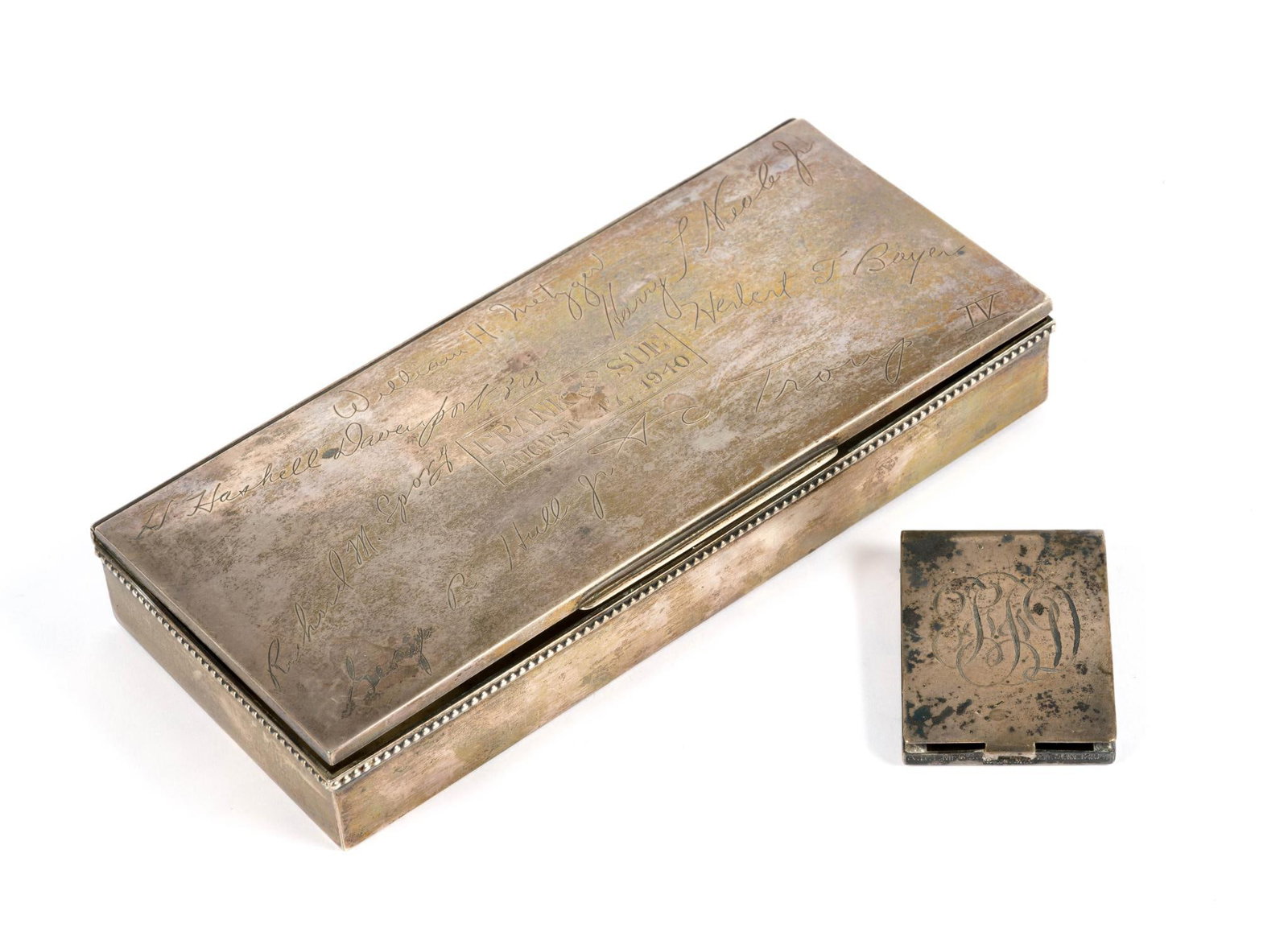 Two Sterling Silver Containers: A personalized trinket box and a match box, both marked sterling silver. The total weight is 10.1 troy ounces.