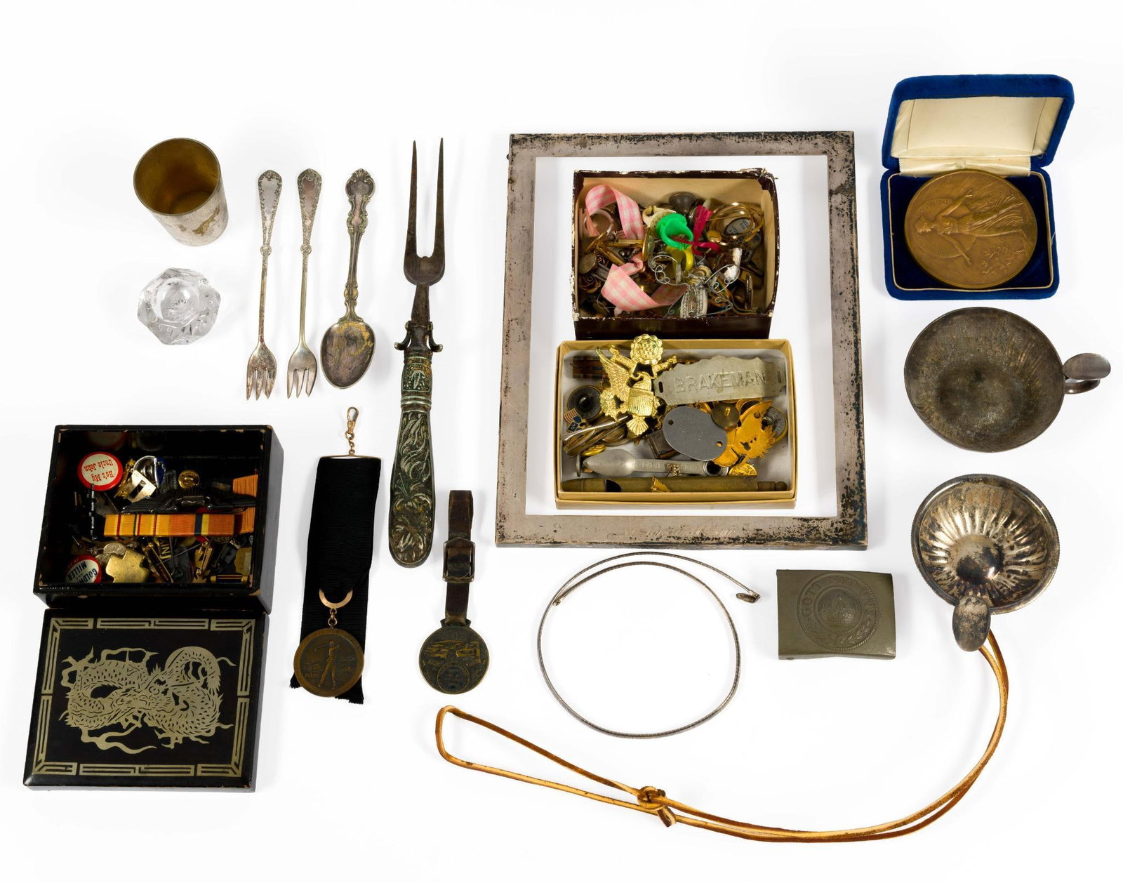 Mixed lot of Small Collectibles Including Sterling Silver: There are a few small items marked sterling and the frame is marked Gorham sterling. A herringbone necklace is also sterling silver.
