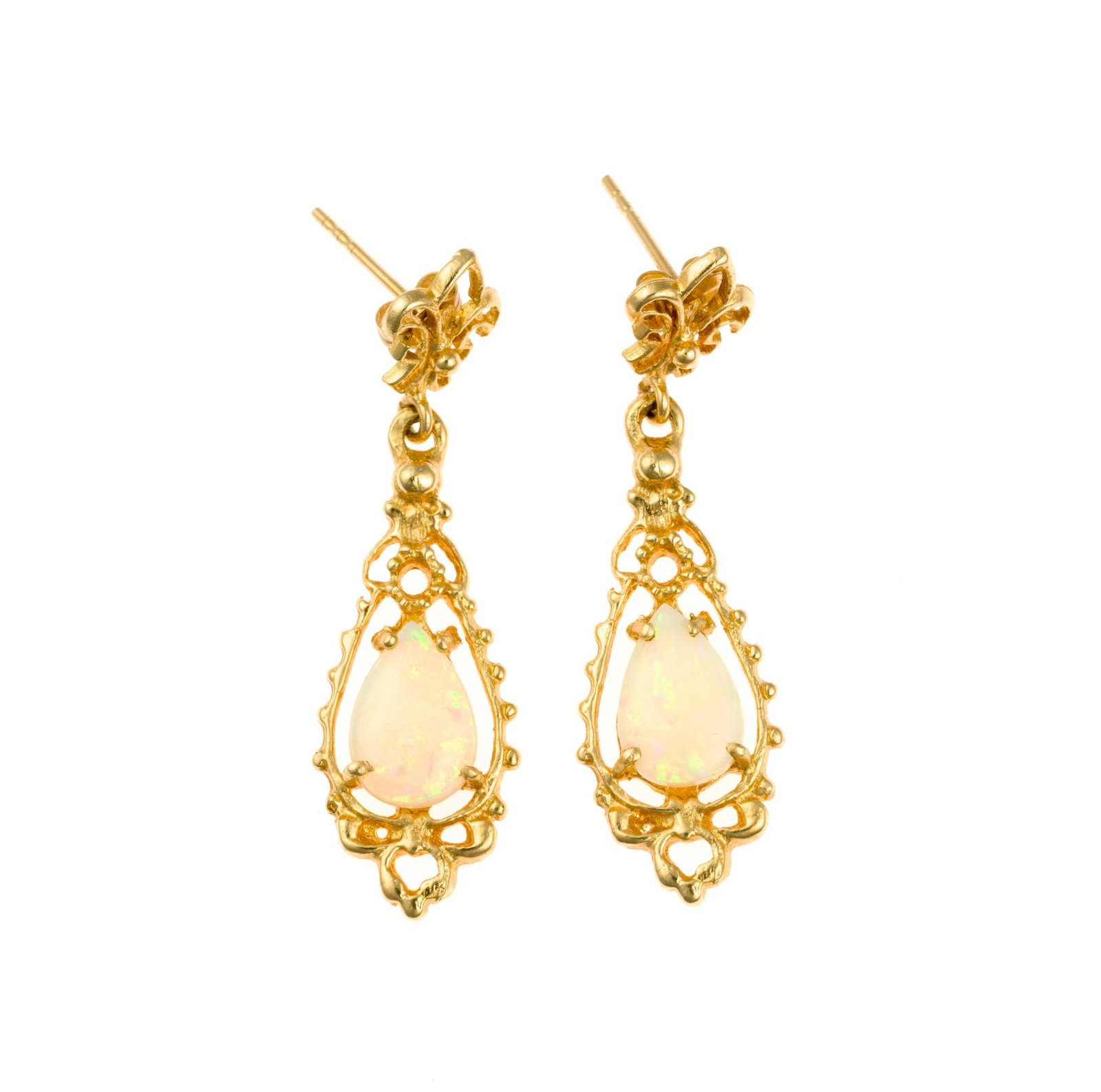14K Gold Earrings: Renaissance revival yellow gold dangle earrings with opal gemstone and fleur de lis designs at the posts. They are 1 1/4" in length and weigh 3.3 grams.