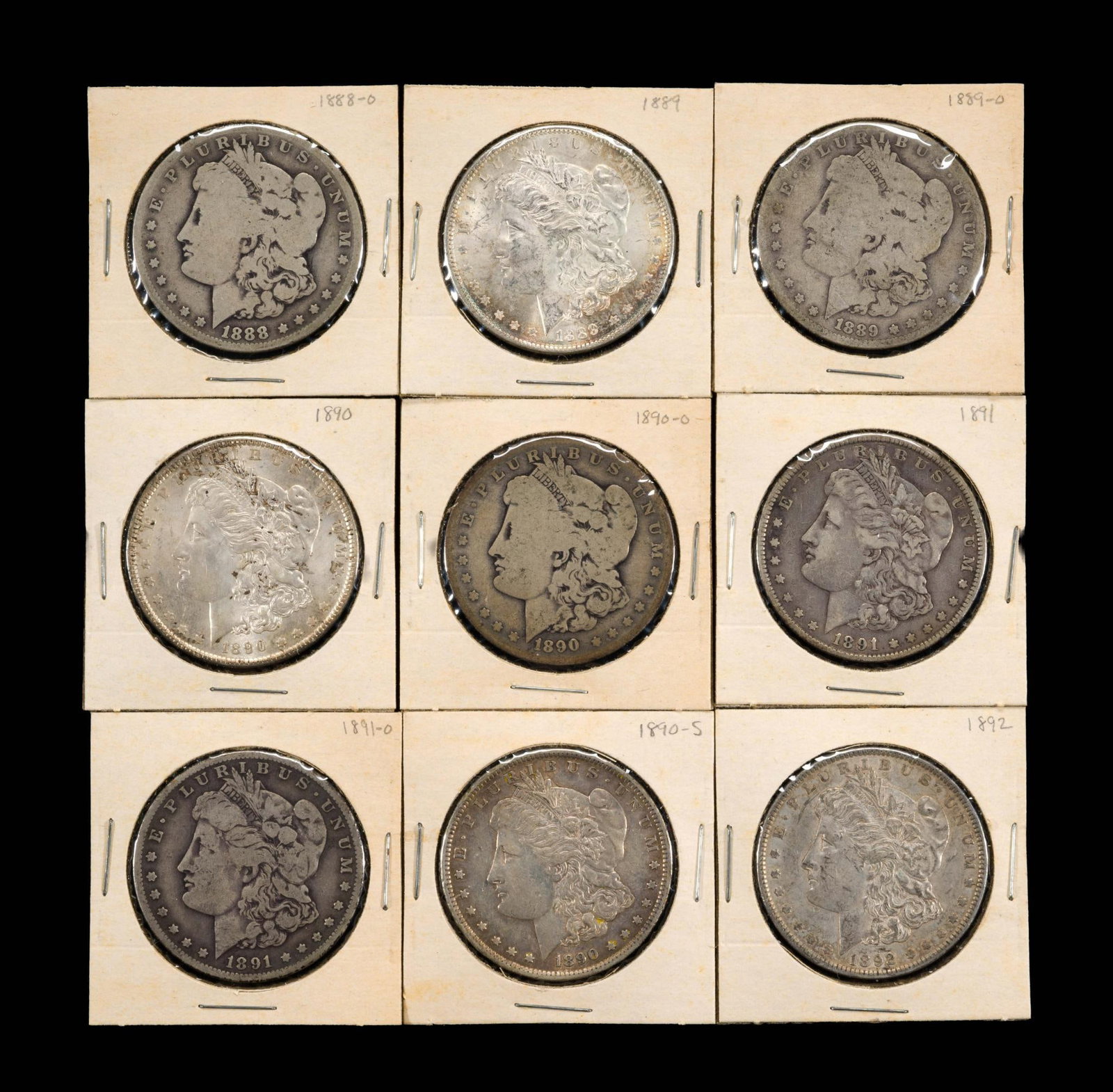Morgan Silver Dollar Series Nine Coins: Includes a few AU to uncirculated coins including upper XF/lower AU 1892.