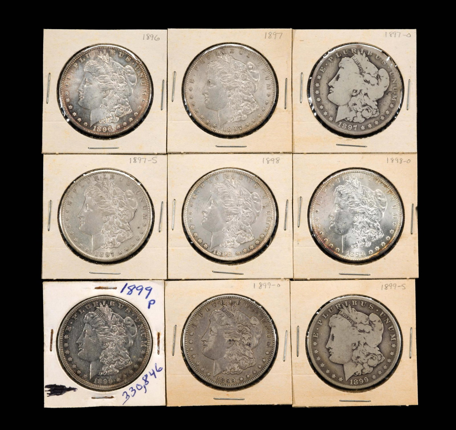 Morgan Silver Dollar Series Nine Coins: Includes a few uncirculated coins in upper uncirculated grades.