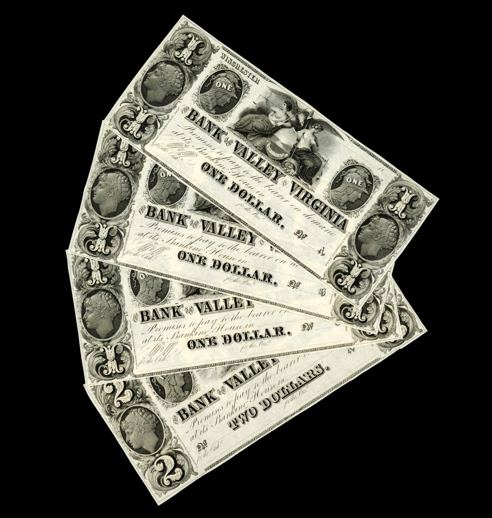 Bank Of The Valley In Virginia $1 And $2 Banknotes: These are unused, uncirculated banknotes from the 1800's Winchester, Virginia. Three $1 notes and one $2 note