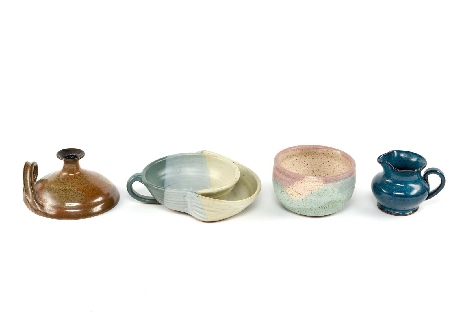 4 Art Pottery Incl. Clay House, West Chester, PA: Includes vases and bowls. All signed. 4" to 8-1/4" wide x 2" to 3-1/4" high. 