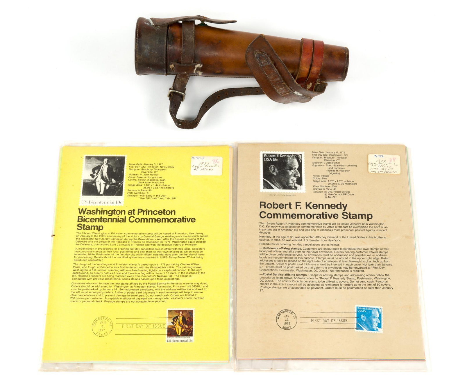 Saddle Flask & 46 Commemorative Stamps: Stamps include 1977 Christmas Stamps; Vietnam Veterans; Will Rogers; Gerard David Christmas; and more. Flask in leather case. Flask measures 3" wide x 10-1/4" long. 
