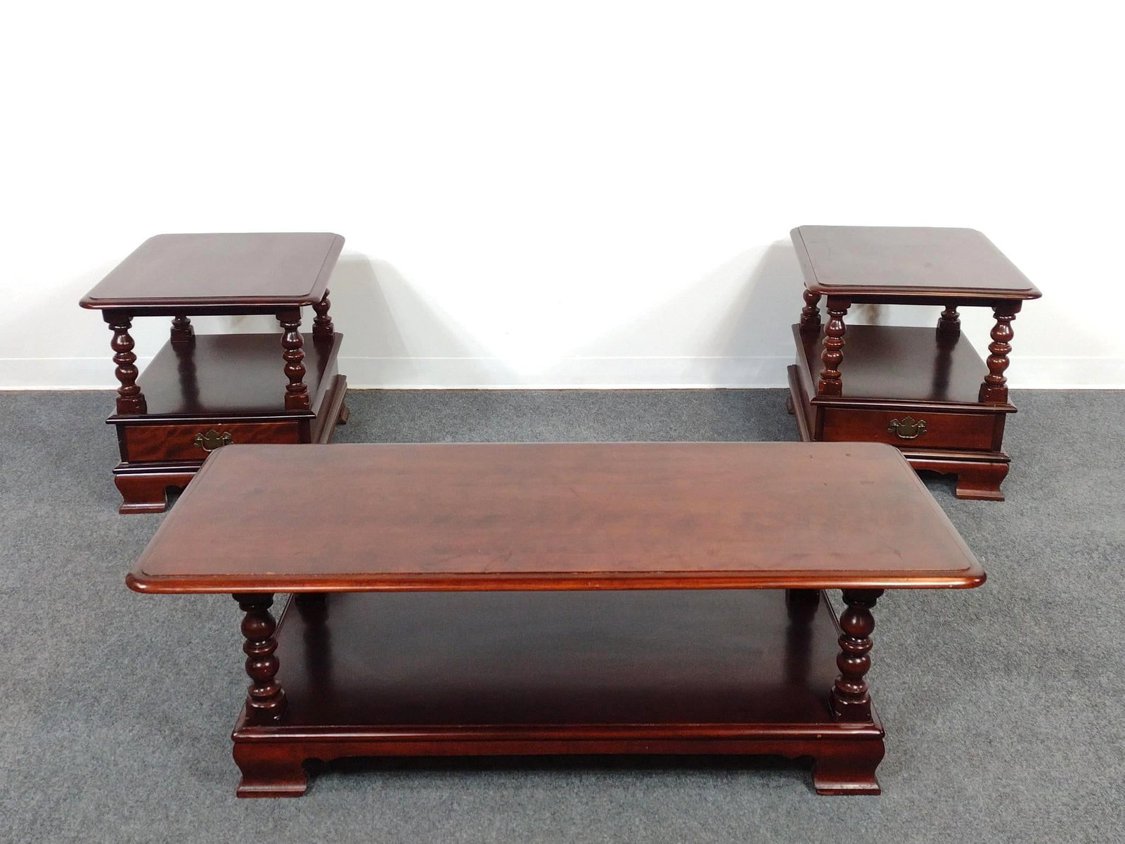 Coffee & End Table Set: Coffee Table 50" wide X 21-1/2" deep X 16-1/4" high. End tables 20-1/2" wide X 27-1/2" deep X 21-1/4" high. All have scratches. No manufactures name found.