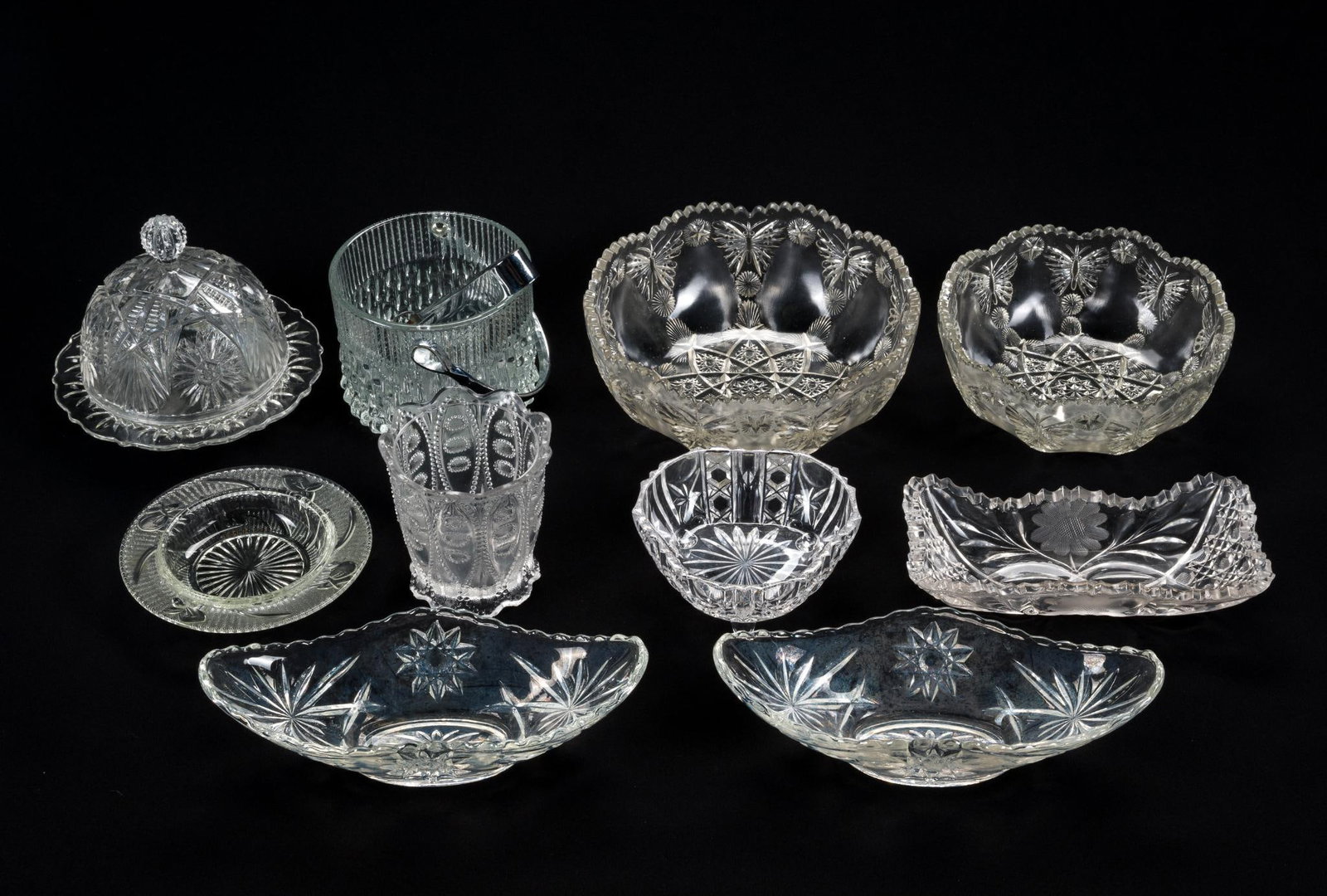 10 Pcs Cut and Pressed Glass: No marks. 5" to 8-1/4" wide x 2-1/2" to 3-1/2" high. 