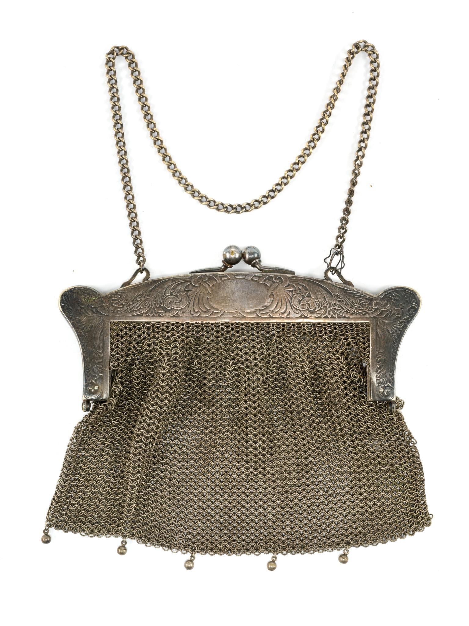 Antique German Silver Mesh Purse: 6-3/4" wide x 5-1/2" long. 