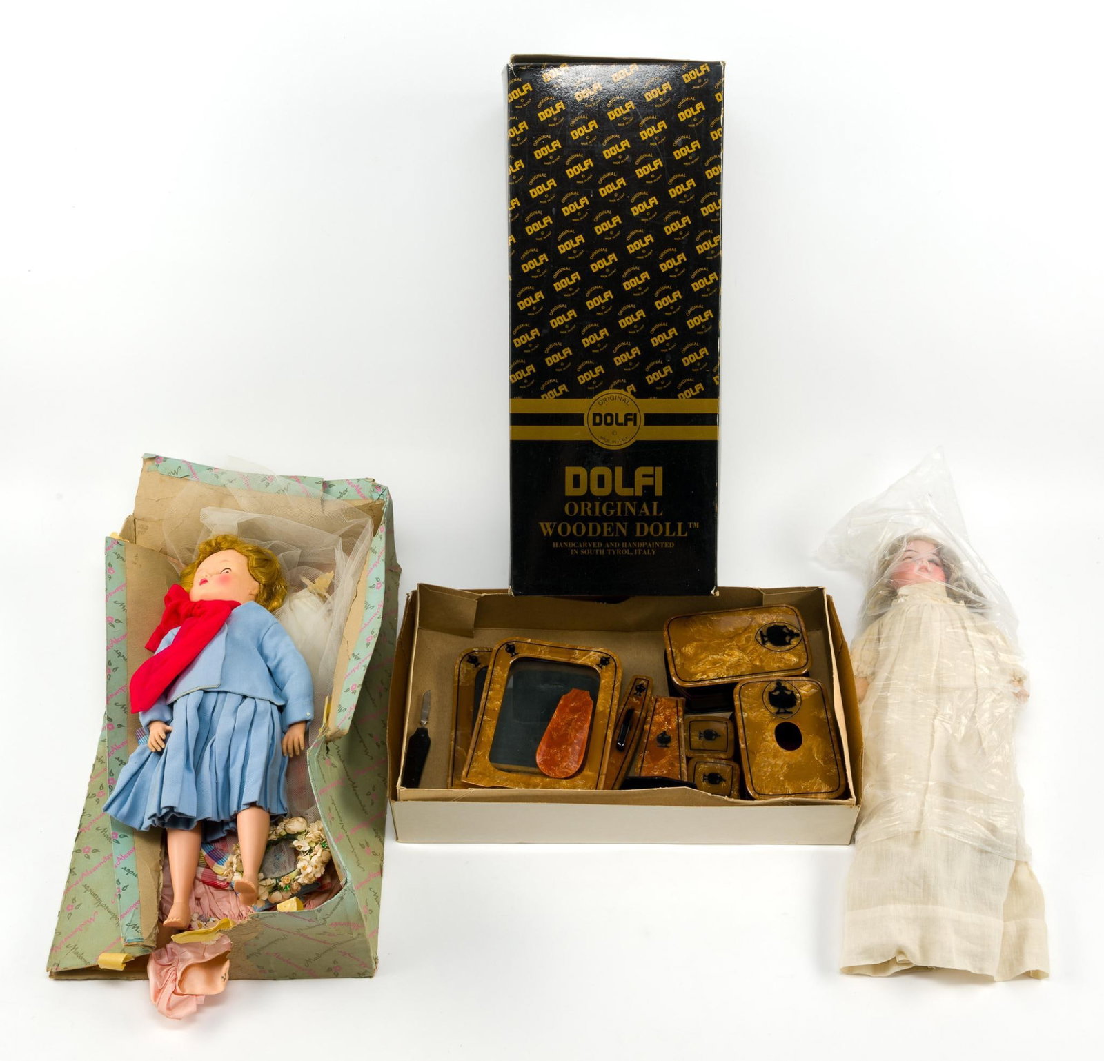 3 Vintage Dolls & Bakelite Vanity Set: Dolls measure 15" to 15-3/4" long. 