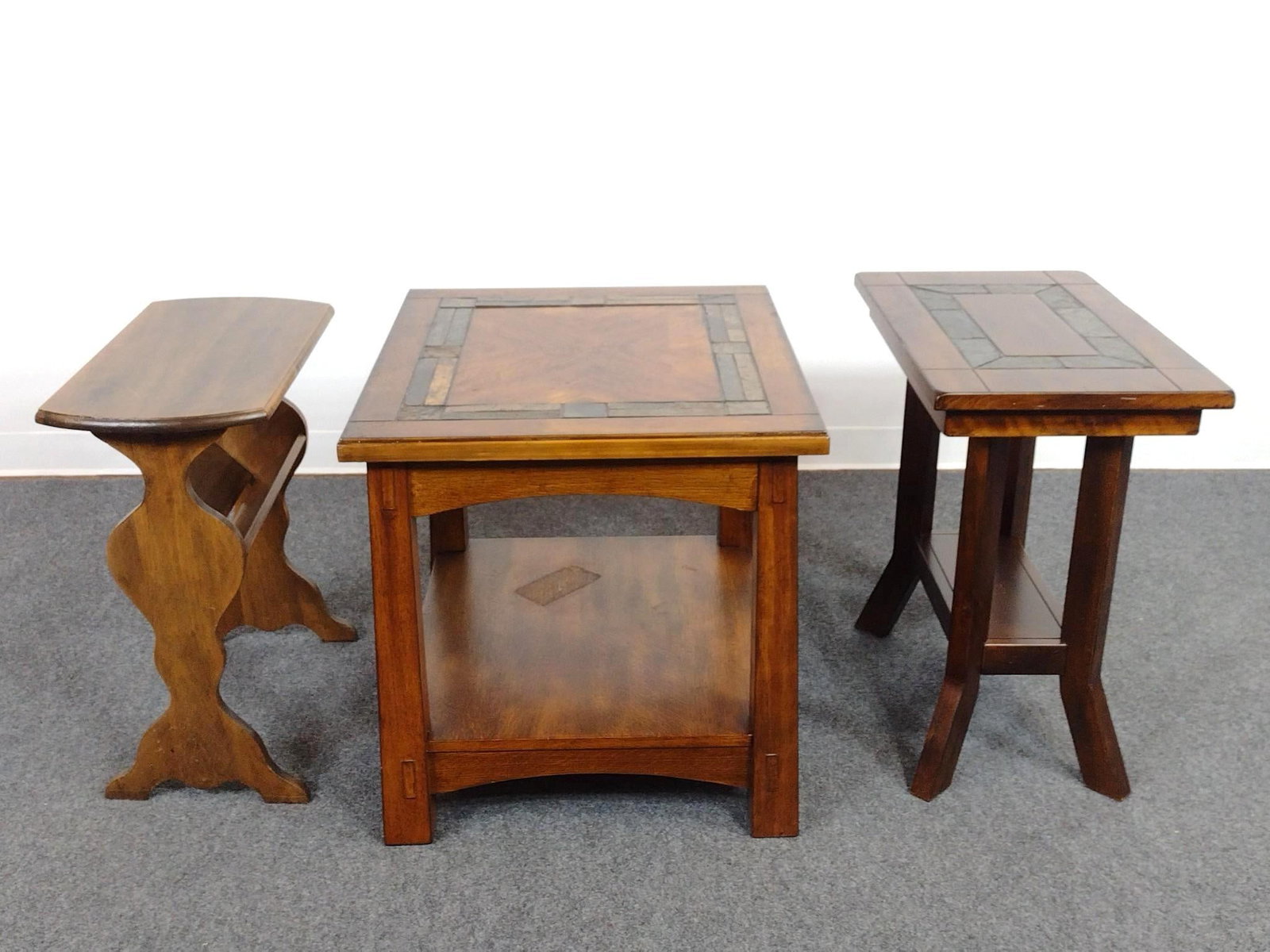 3 Accent Tables Incl. Mission Style: Large 24" wide X 28" deep X 24" high. Small 12" wide X 23-1/4" deep X 24-1/4" high. Large table has finish loss on lower shelf. 