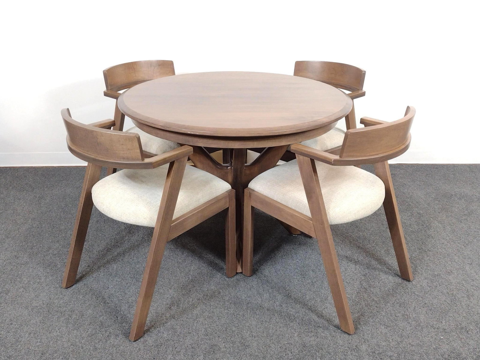 Hornings Furniture Modern Dining Set: 42-1/4" diameter X 30-1/4" high. Chairs 20-3/4" wide X 23" deep X 32" high. 