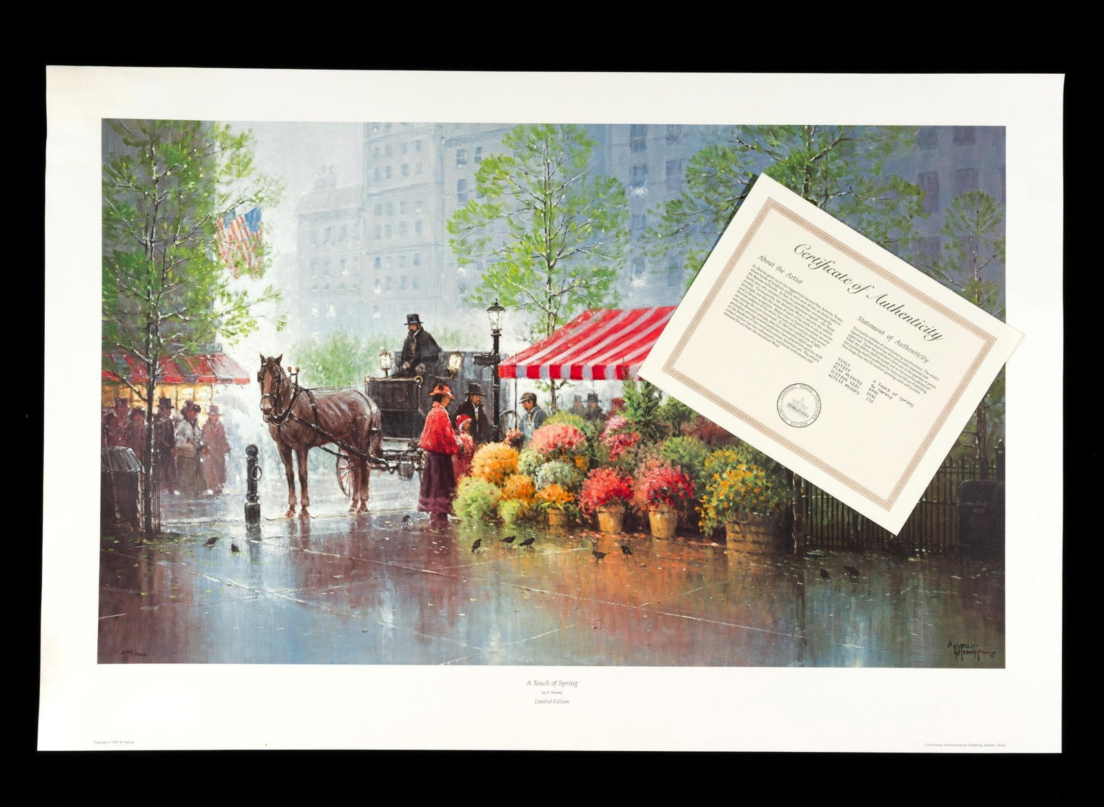G. Harvey "A Touch of Spring" Print w/ COA: Signed lower right. Edition 2240/3550. Water damage on left side. 24-1/4" long x 36-3/8" wide.
