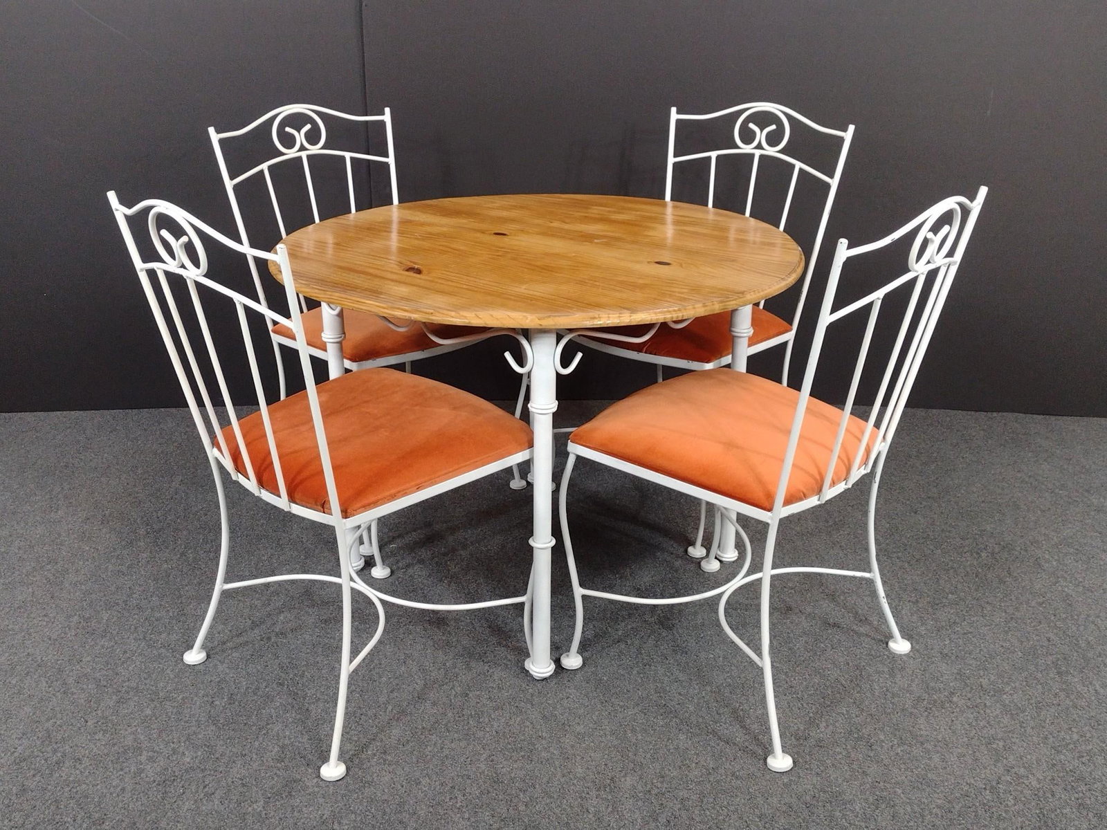 Metal Framed Dining Table Set: Table 42" diameter X 29" high. Chairs 20" wide X 20" deep X 37" high. 
