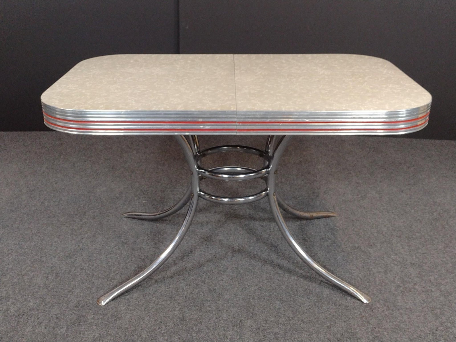 1950s MCM Chrome Table with Formica Top: 48" wide X 30" deep X 28-1/2" high. Has scratches and rust to chrome frame. 