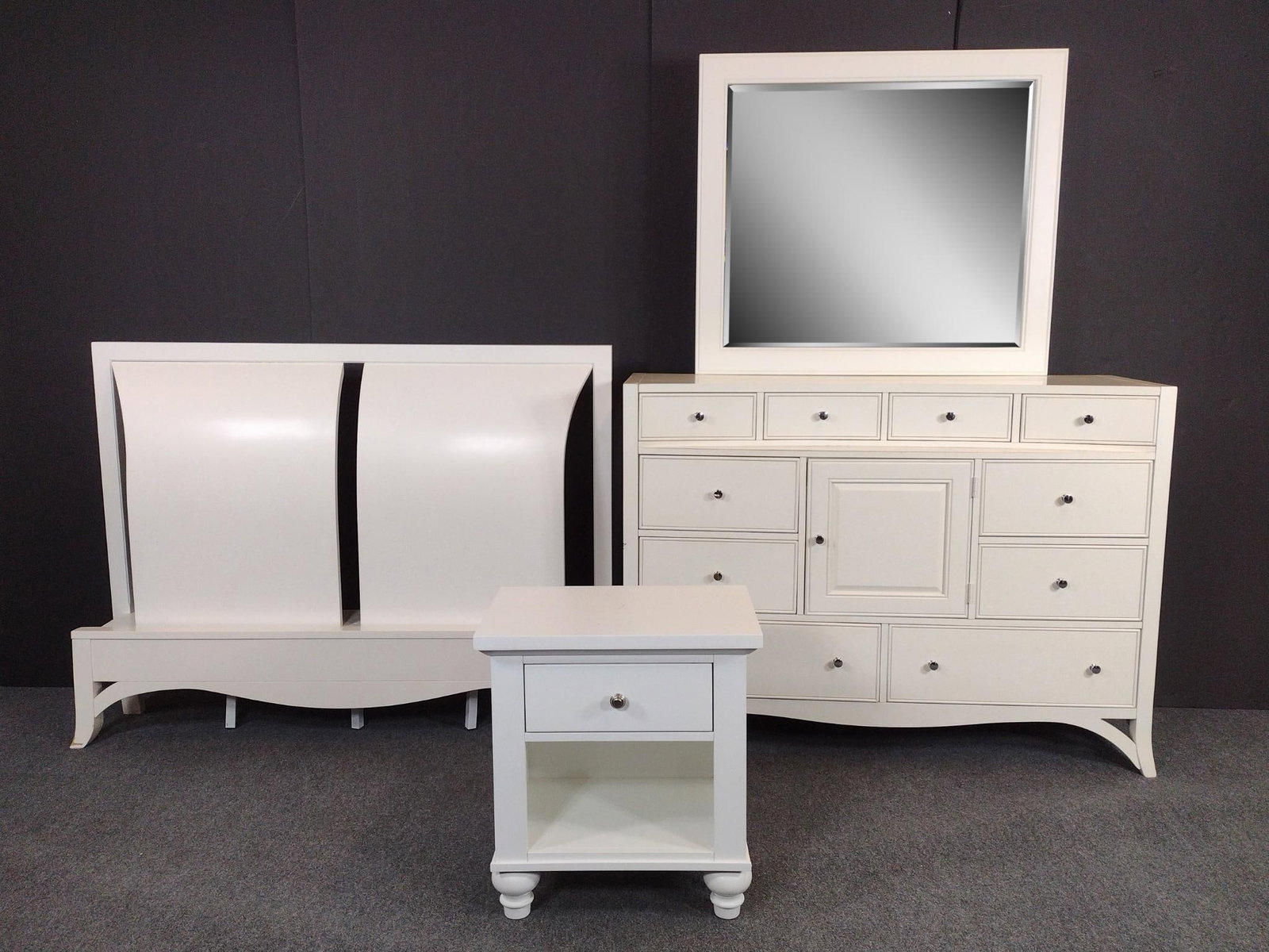 3 Piece American Signature Bedroom Set: Bed 64" wide X 99-1/2" deep X 48-1/2" high. Dresser with mirror 60" wide X 19" deep X 83-1/2" high. Night stand 24" wide X 16" deep X 26" high. All pieces have scratches and areas of finish loss.