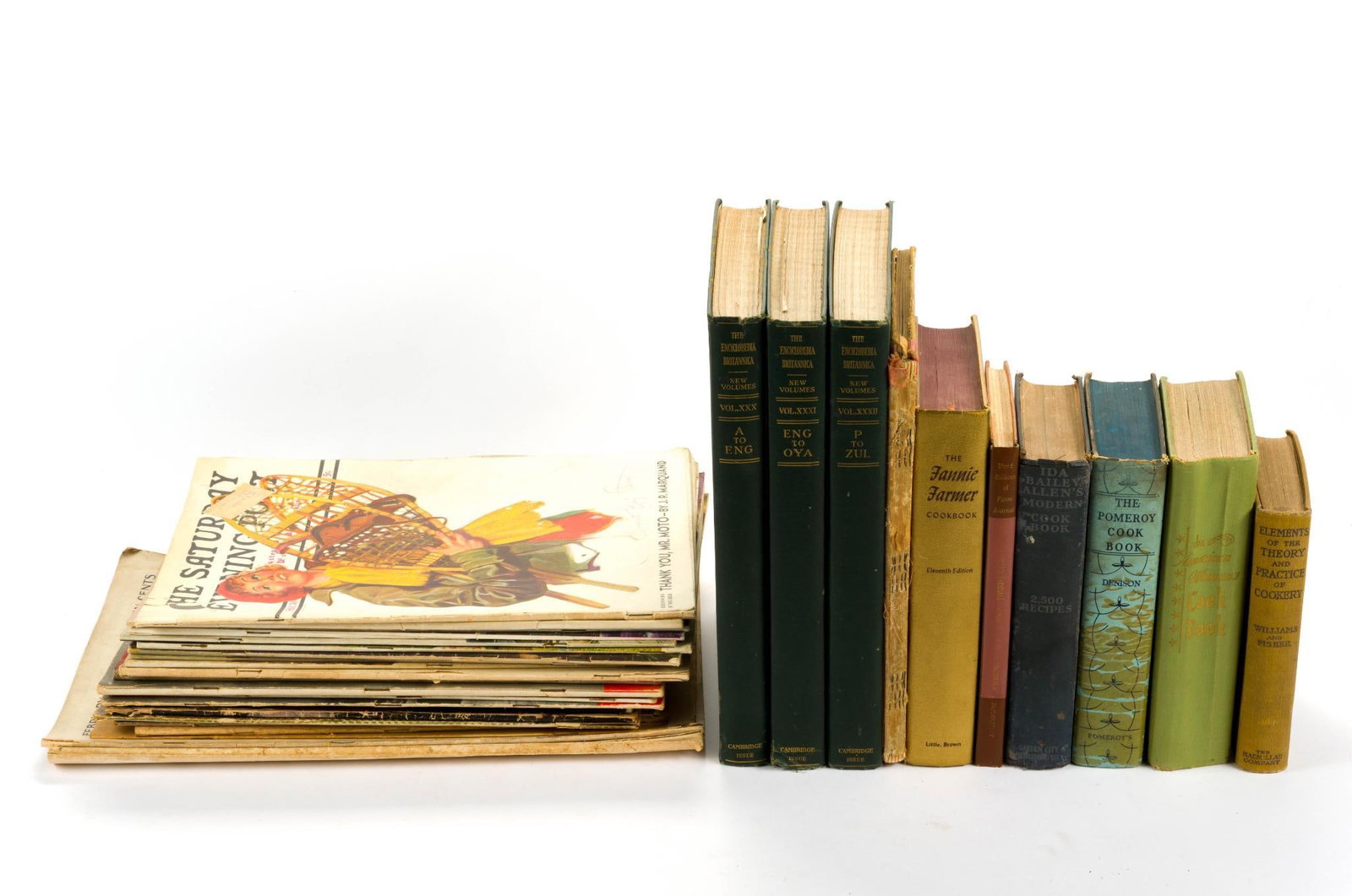 Antique Books & Publications Incl. Saturday Evening Post: Also includes Elements of the Theory and Practice of Cookery, Encyclopedia Britannica, and more. 