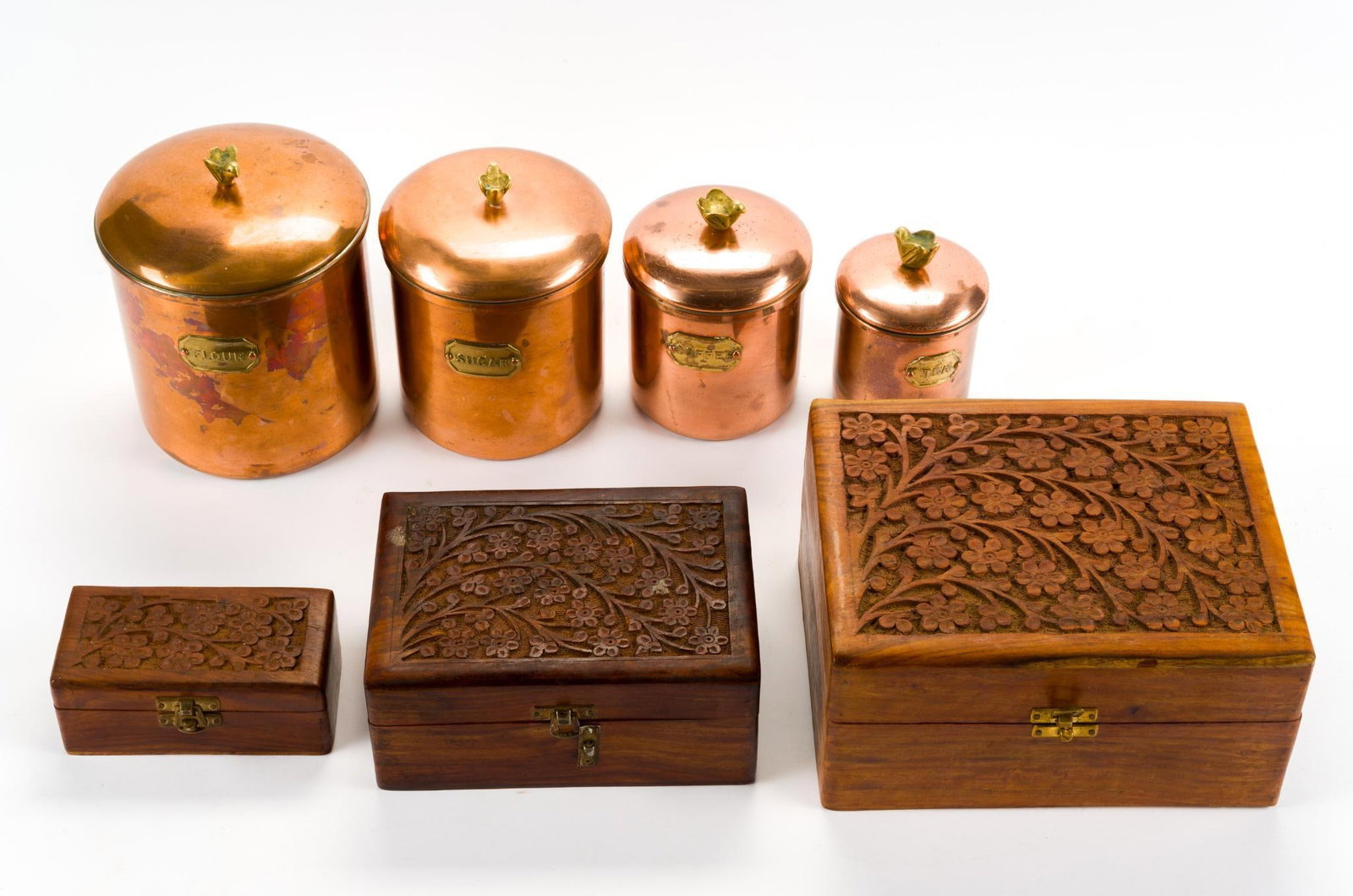 Copper Canister Set & 3 Carved Wood Boxes (1 of 14)