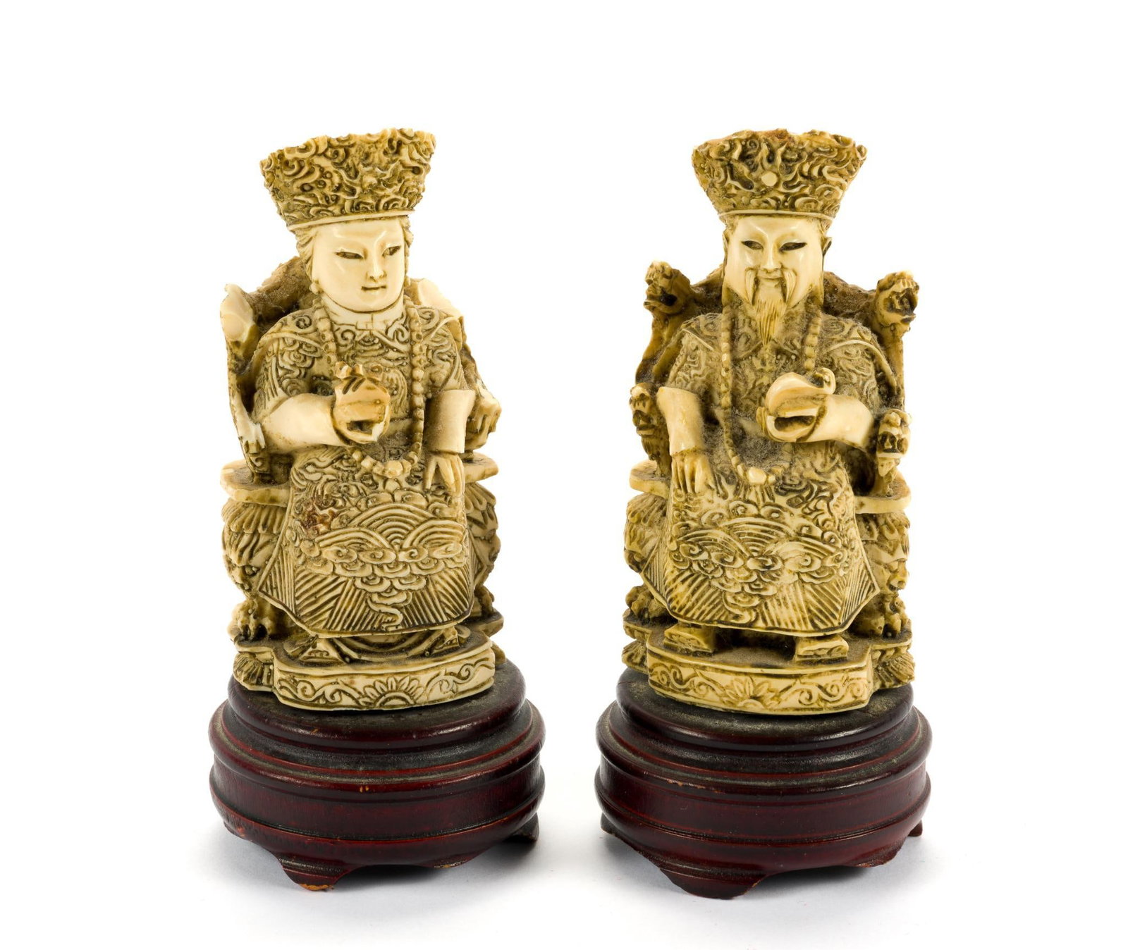 Emperor and Empress Asian Carved Resin Figures: Some chips and pieces missing. 2-1/2" wide x 5" high. 