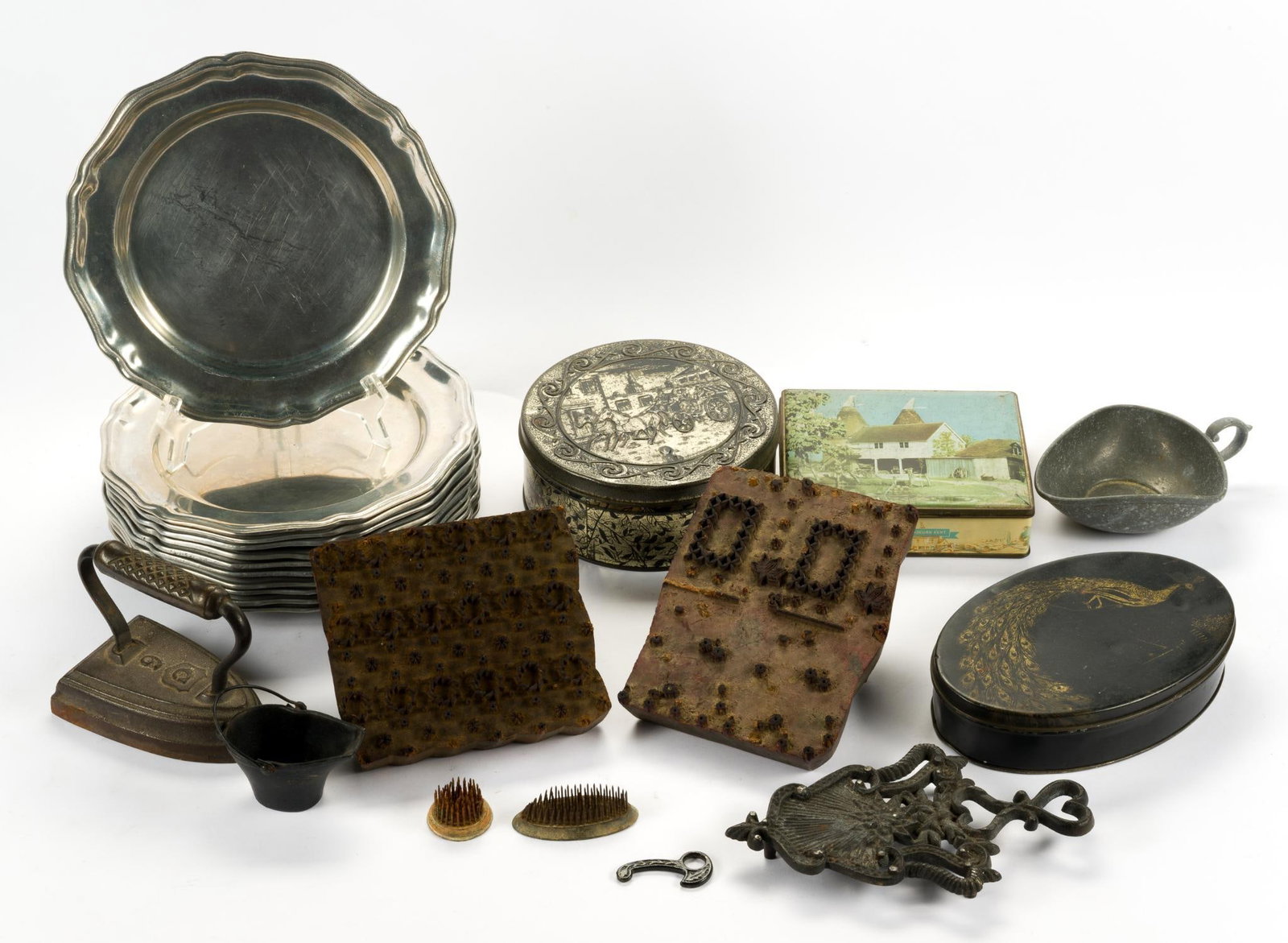 Vintage Housewares and Pewter Plates: Also includes tins, hand iron, and more. 