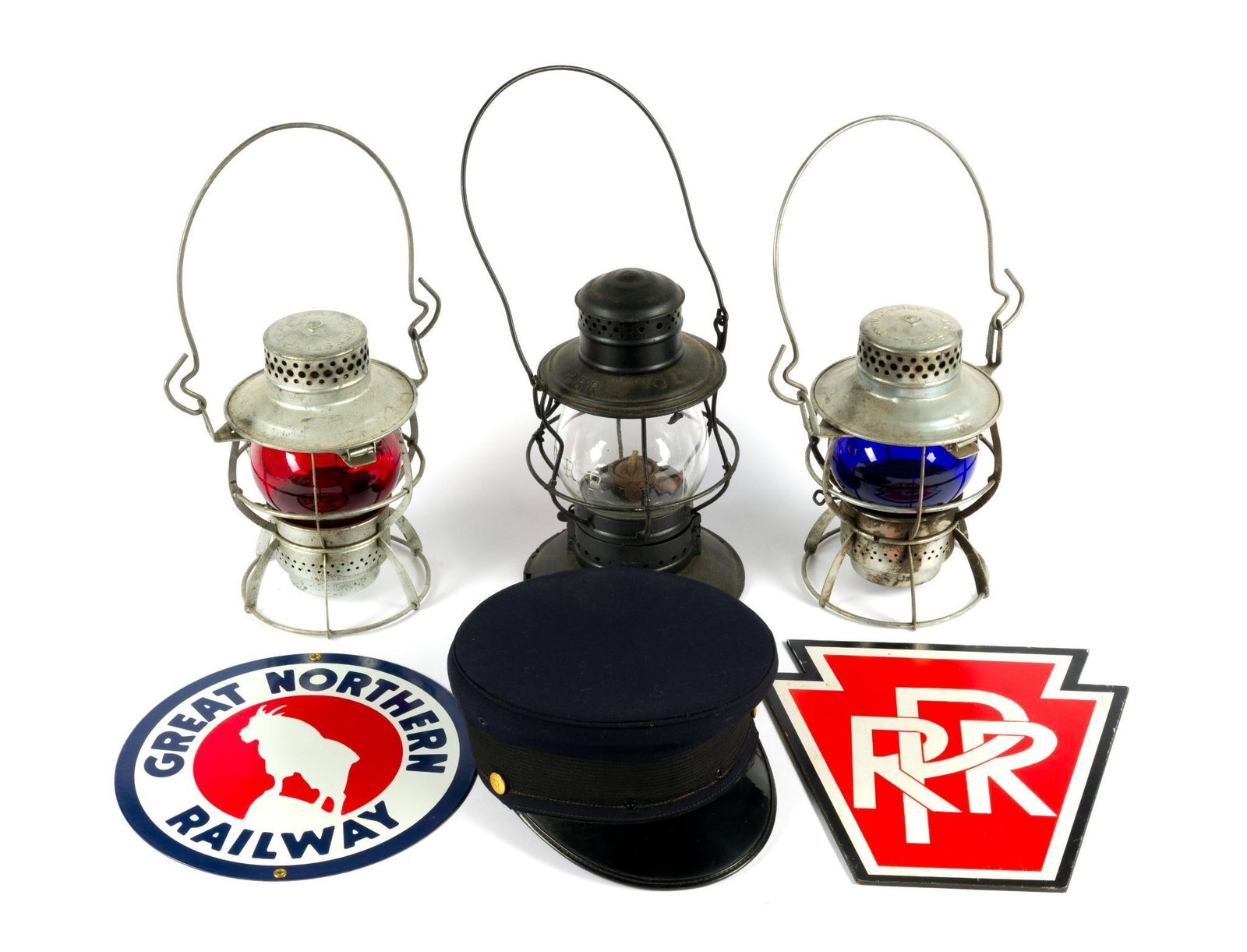 3 Railroad Lanterns, 2 PRR Signs, and Conductor Hat (1 of 6)