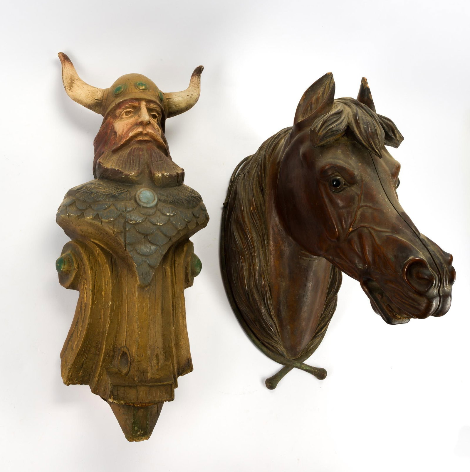 Carved Horse Head & Viking Head: 7-3/4" to 9" wide x 6" to 13" deep x 15" to 23" long. 