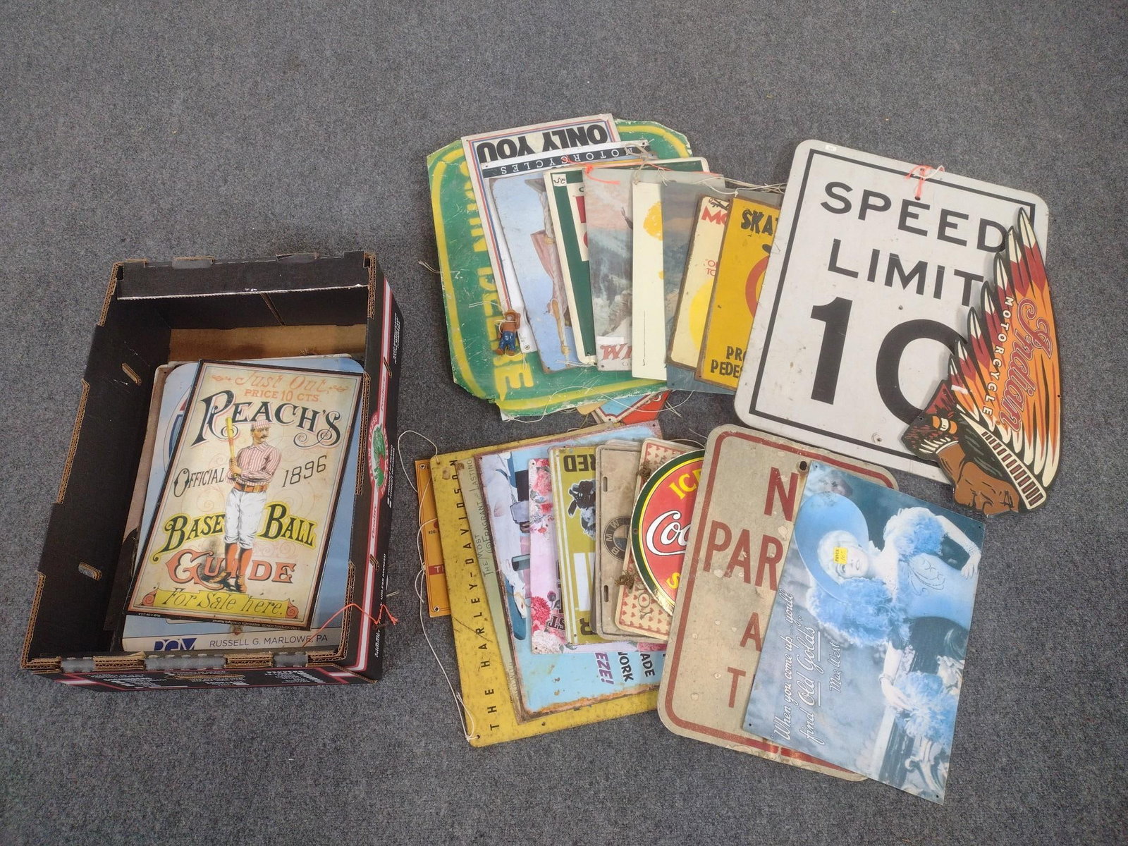 Approximately 75 Vintage Signs: A variety of signs with the largest being 24" X 18". Some are vintage yet reproductions and some are original.