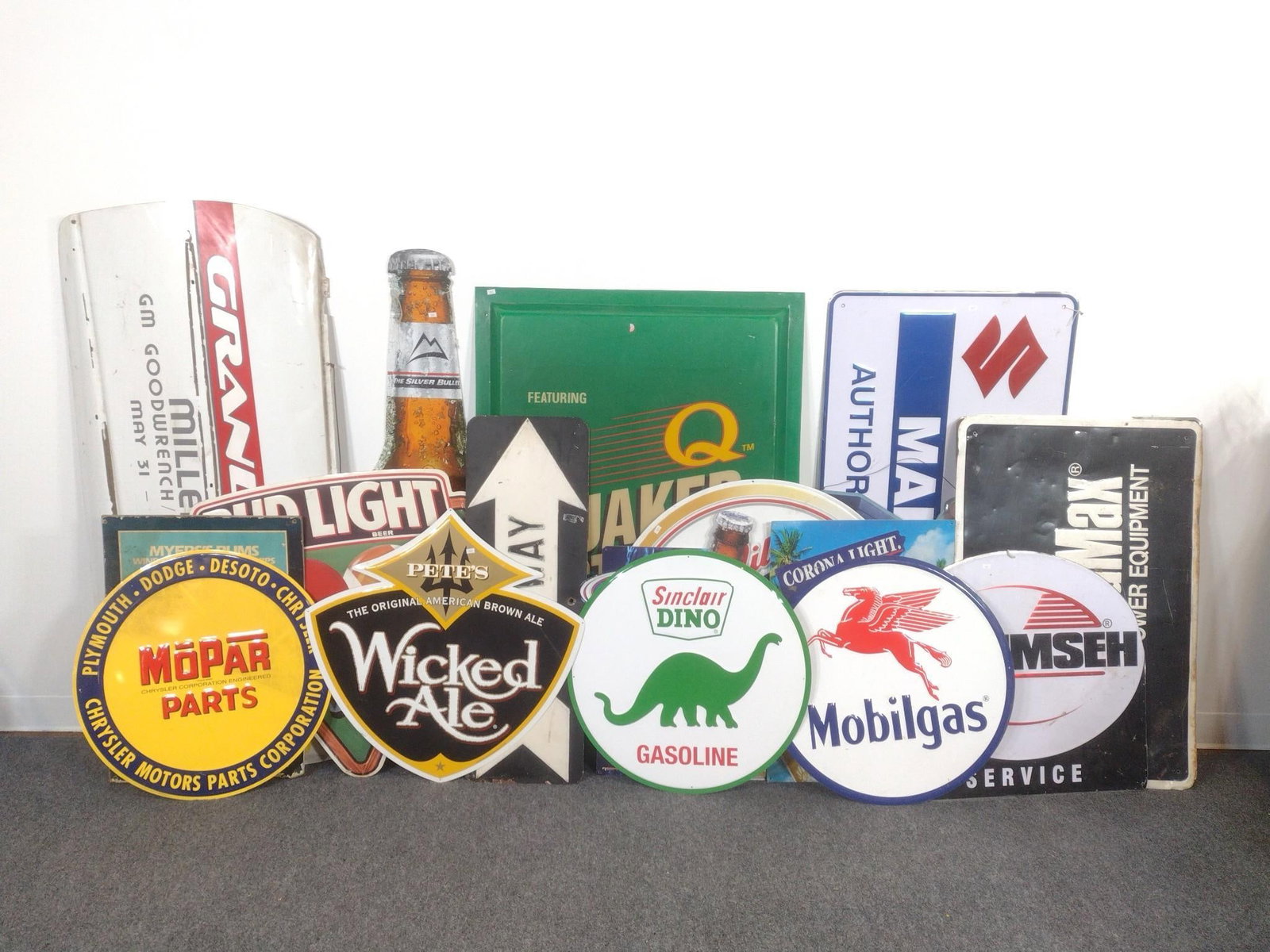 17 Signs and Metal Race Car Door Skin: The signs are metal except one vacuum formed plastic sign face Quaker State, and one non-metal Coors Light sign. The door is 1997 Miller 500 GM Goodwrench Delco Battery. The door skin is the