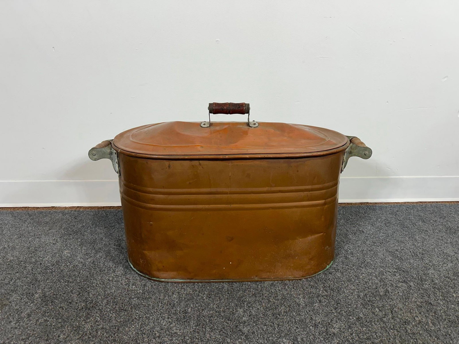 Lidded Copper Boiler: 27-1/2" wide x 16-1/2" high. 