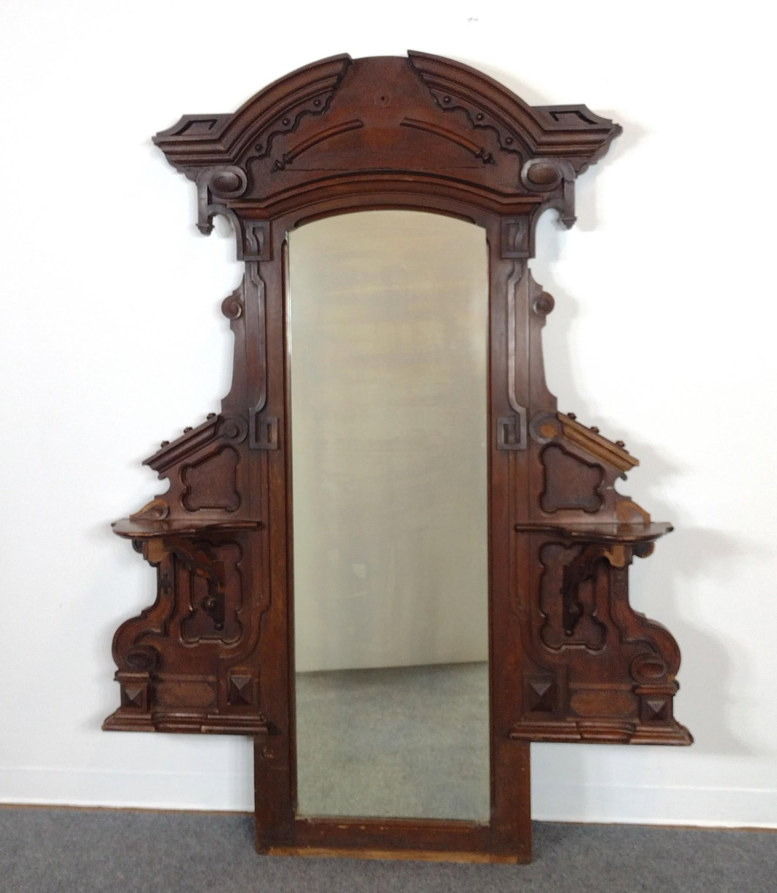 Antique Victorian Dresser Mirror: 54-1/2" wide X 8-3/4" deep X 76" high. Has scratches and areas of loss. 