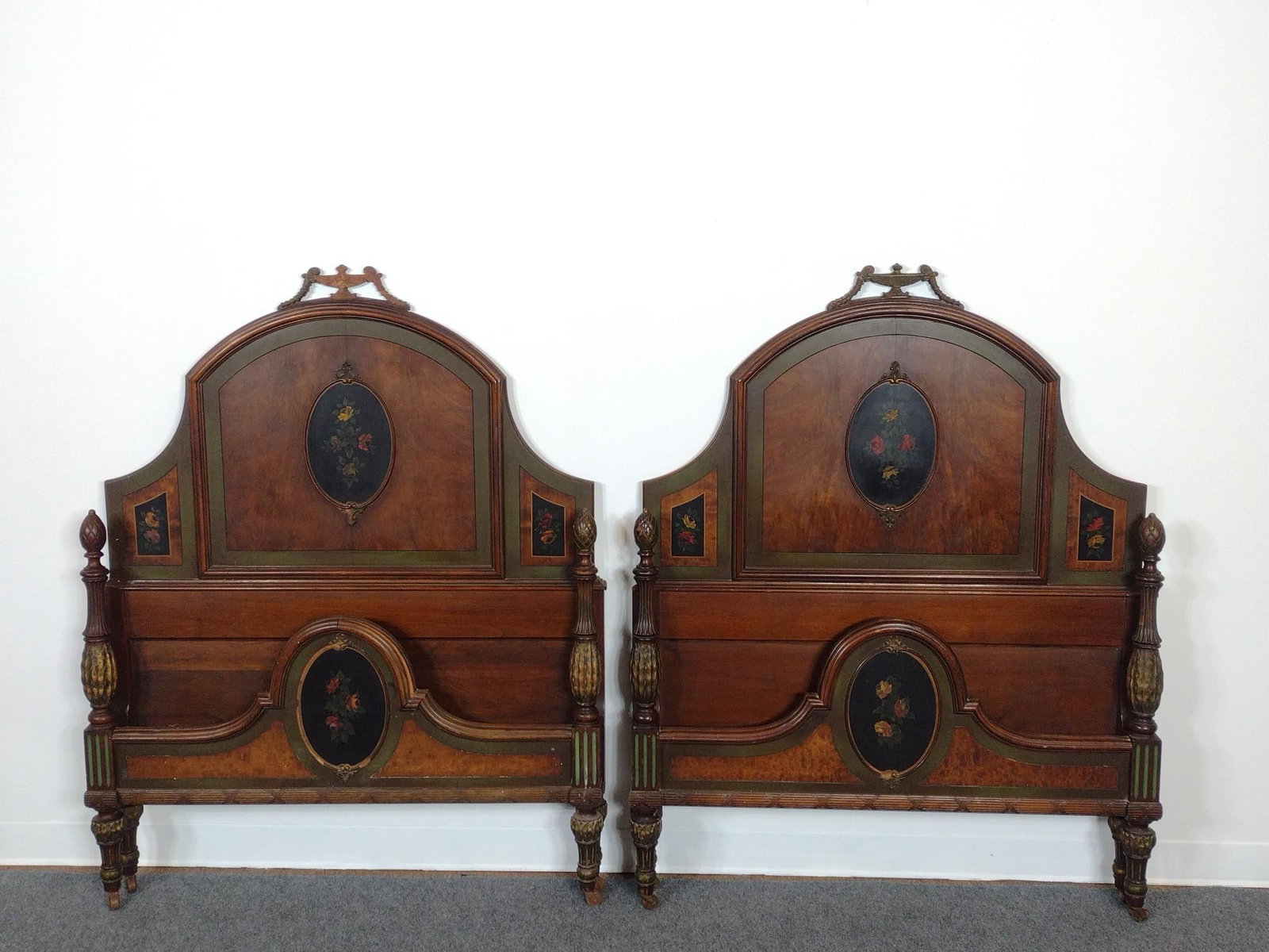 Pair of Antique Victorian Beds: Each 43" wide X 81" deep X 53" high. Both have wear and areas of finish loss. 