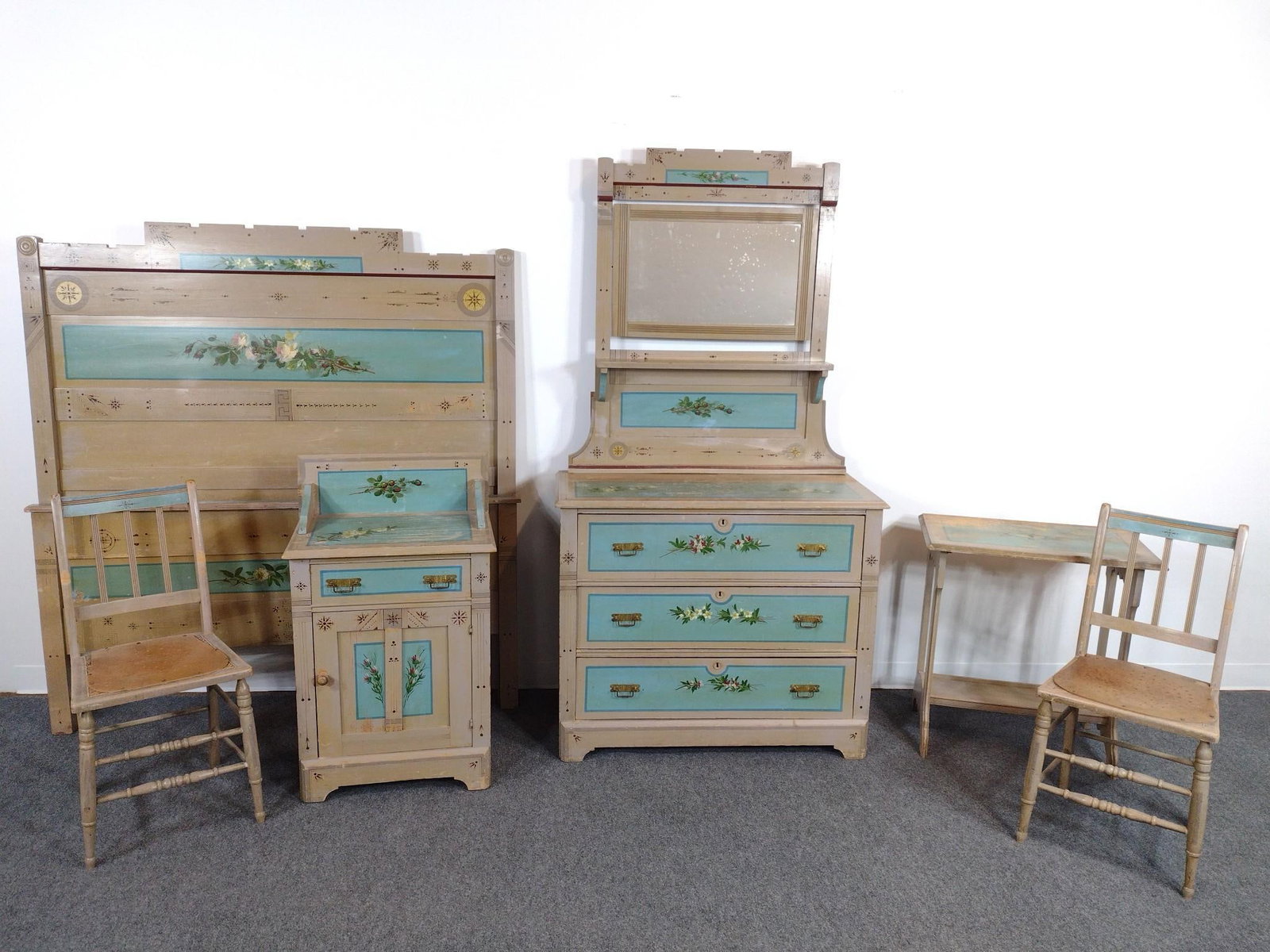6 Piece Painted Victorian Bedroom Set: Bed 58" wide X 77-1/2" deep X 62" high. Dresser W/ Mirror 39" wide X 17-1/4" deep X 73" high. Wash Stand 22" wide X 16" deep X 36" high. Side table 26" wide X 16" deep X 27" high. Side Chairs each