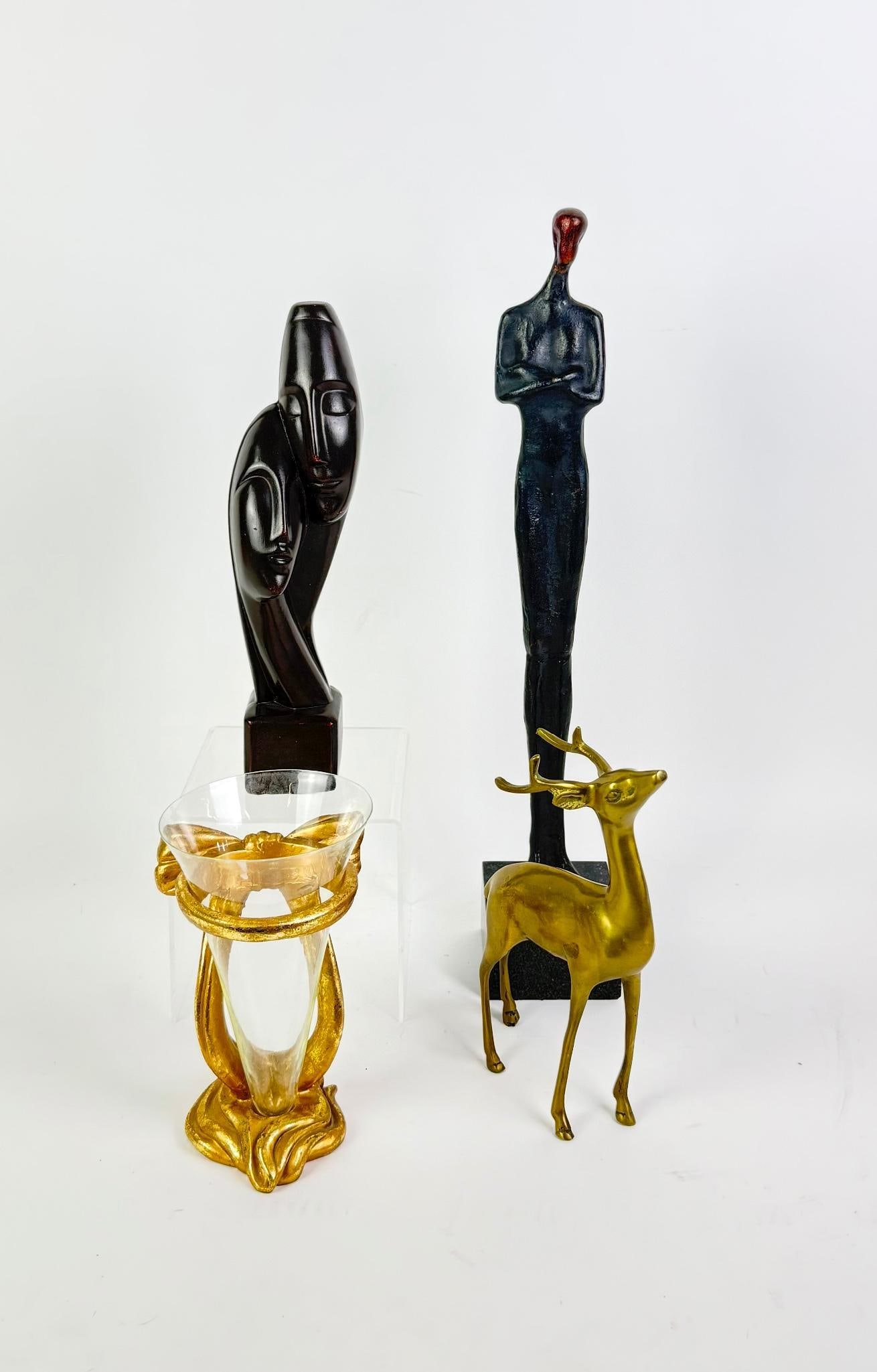 4 Modern Decorations: Includes a cast iron statue in the style of Alberto Giacometti with a marble base, a vintage neoclassical gold resin and glass vase, a mid-century modernist chalkware Eso Products statue and a brass d