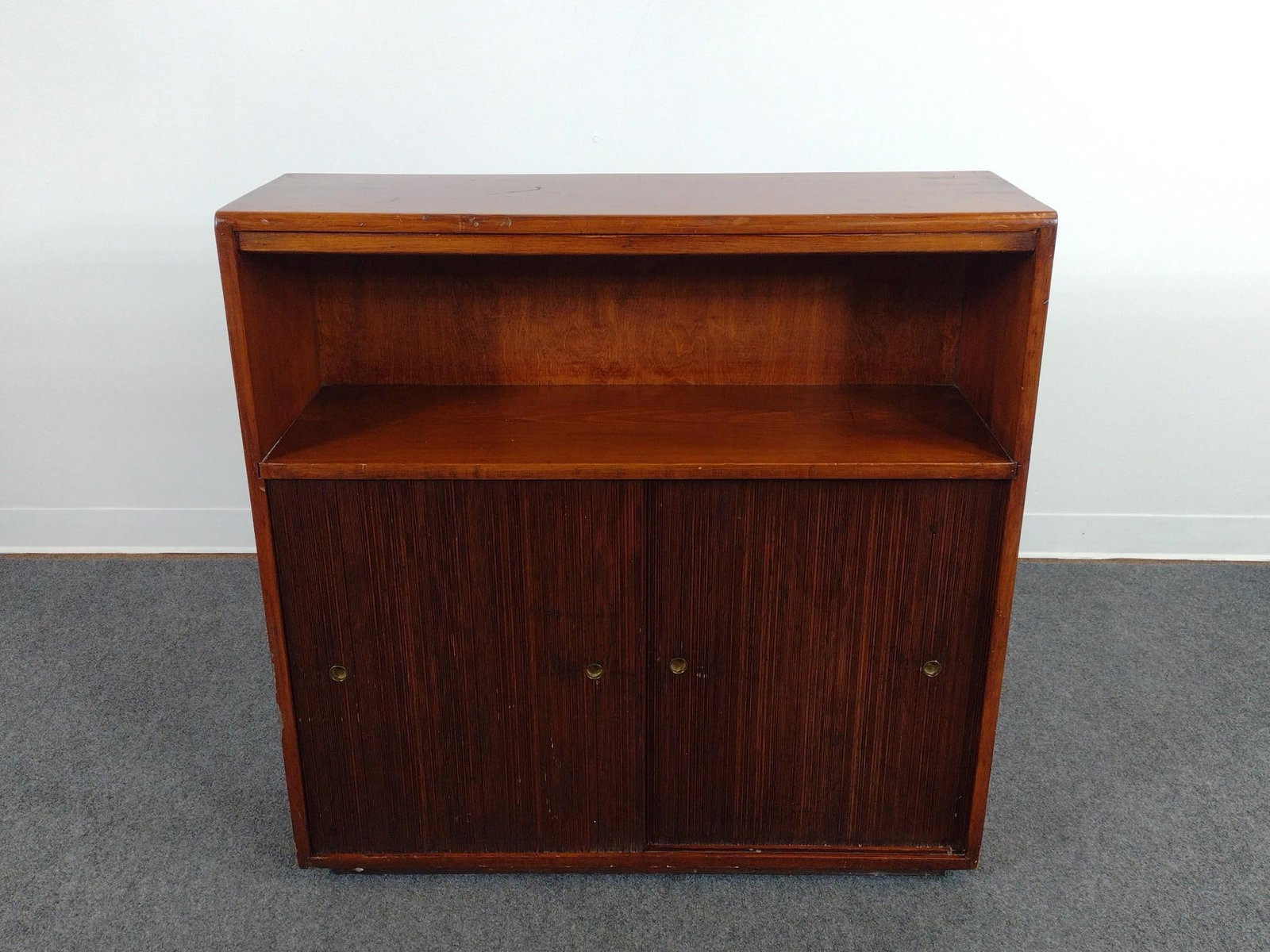 Low Cabinet: 36" wide X 11-1/2" deep X 36" high. Has some scratches. No manufactures name found.