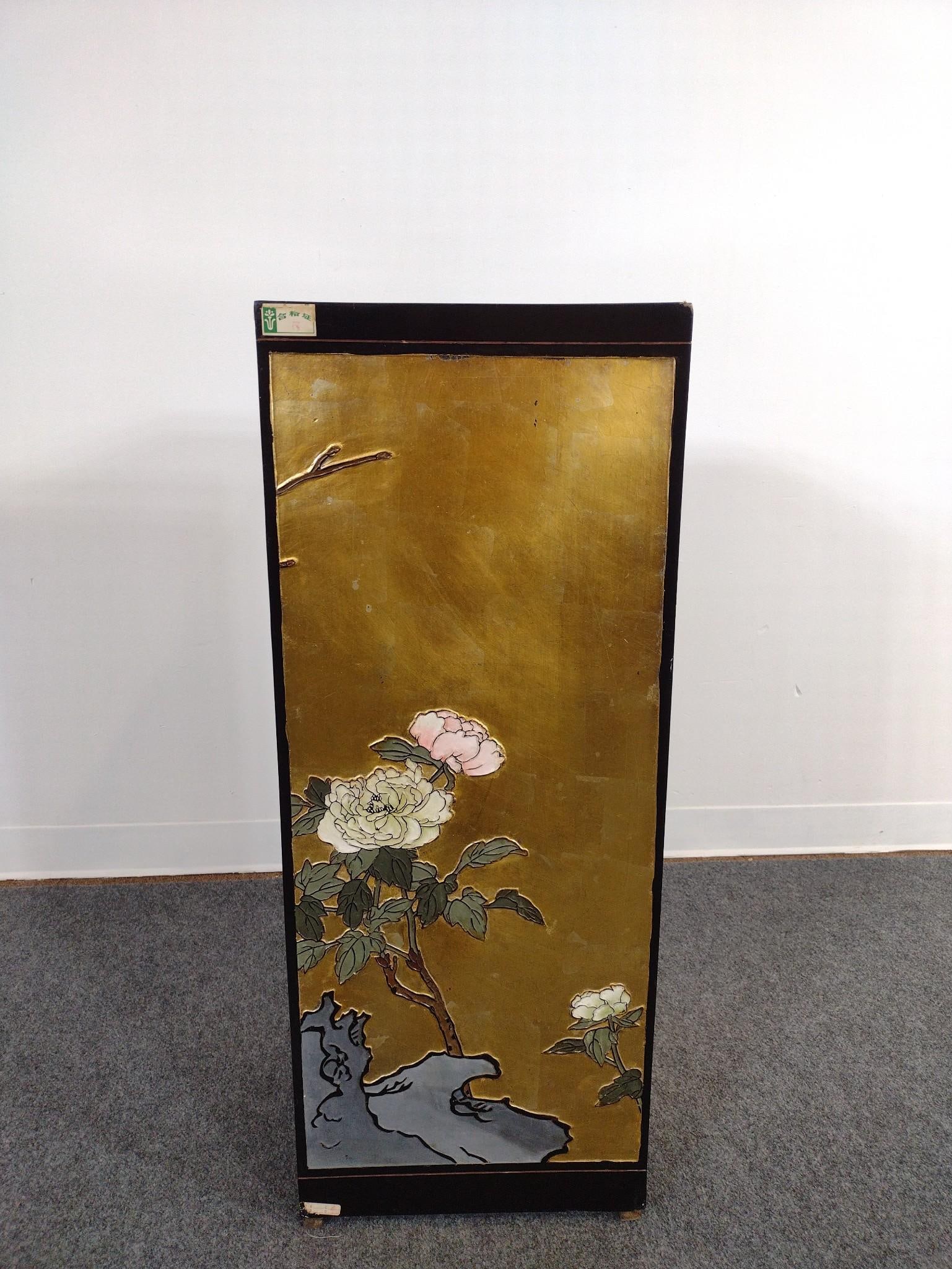Asian Stand: 14-1/2" wide X 14-1/2" deep X 37" high. Has finish loss and a few chips.