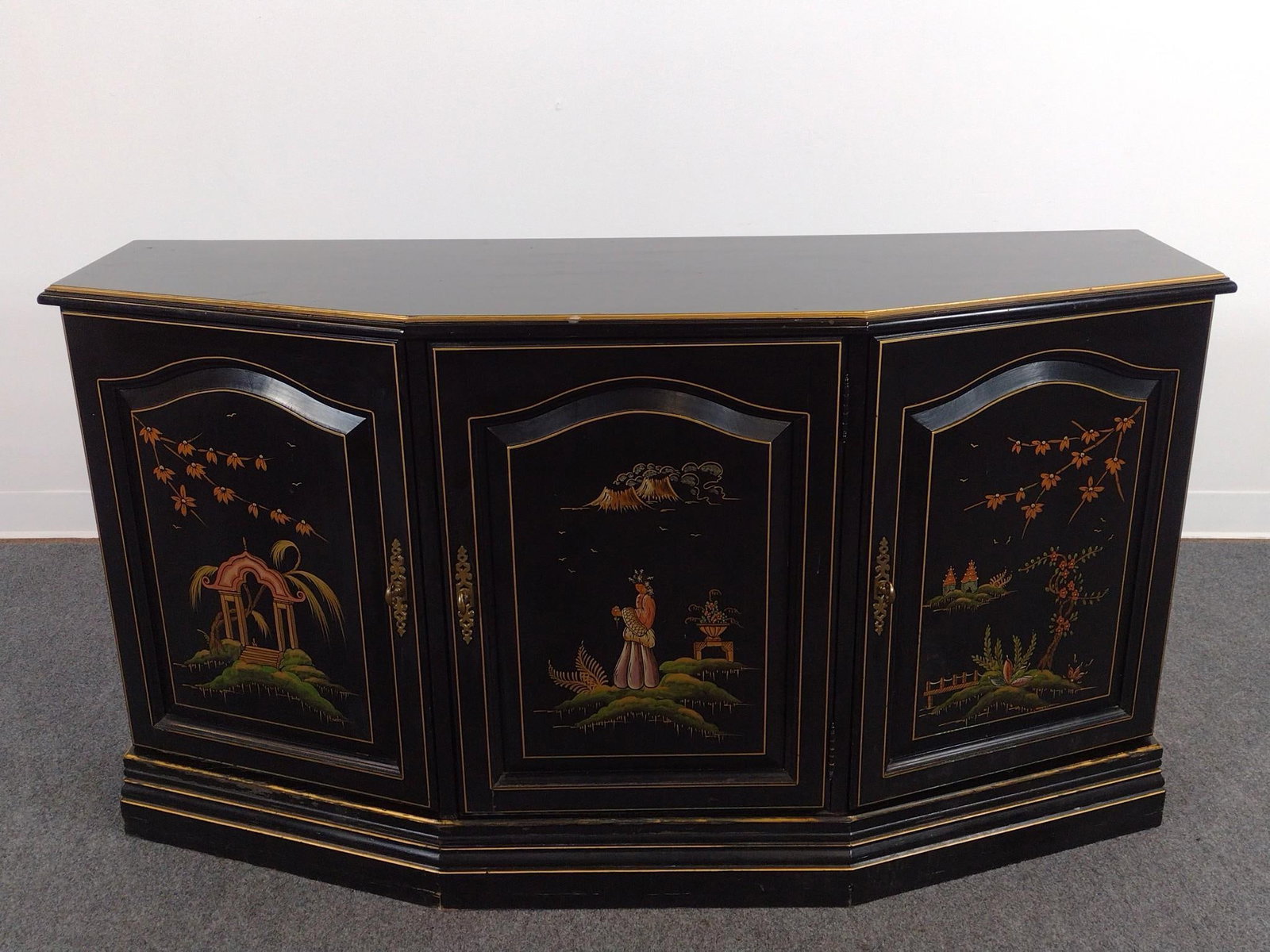 Asian Low Cabinet: 55" wide X 18" deep X 29-1/2" high. Has scratches and areas of finish loss. No manufactures name found.