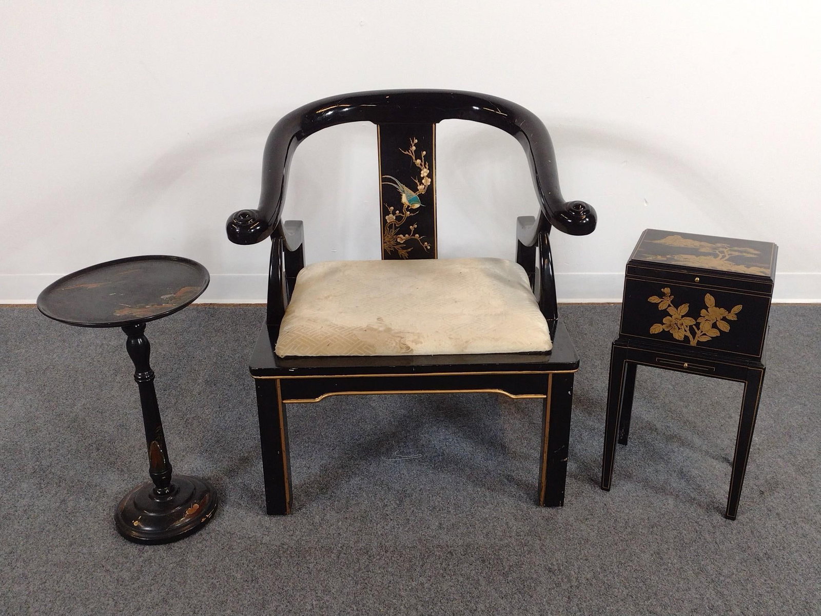3 Asian Furniture Incl. Chair: Chair 24/1-4" wide X 22" deep X 30" high. Chest on stand 11" wide X 9" deep X 21" high. Round table 12" diameter X 20" high. All have issues with finish. Chair upholstery discolored. 
