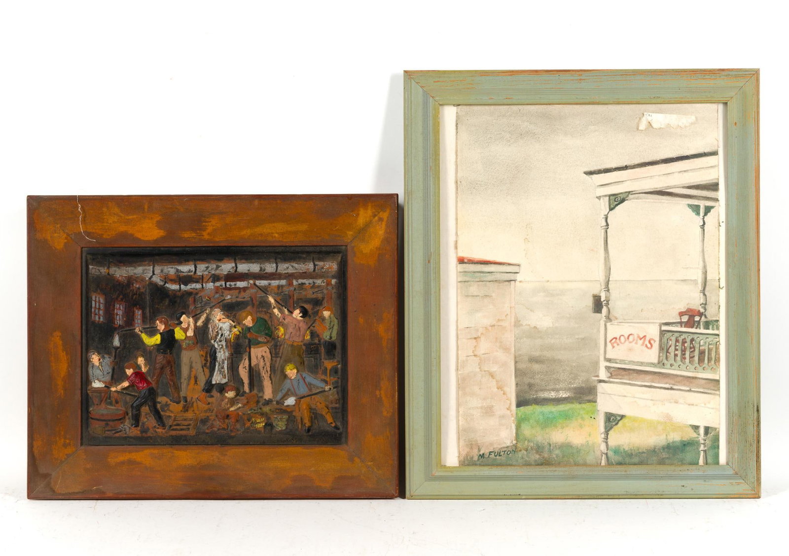 2 Artworks Incl. Carved Wood Bas Relief: One a water color signed M Fulton and the second a carved and painted European plaque depicting a glass factory. Largest piece is 23 1/2" X 19 1/2". 