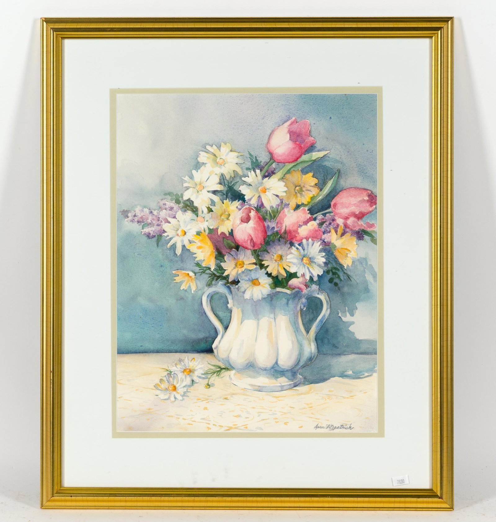 Ann Fitzpatrick Framed Watercolor: Overall 21" x 25". Small losses to frame. 