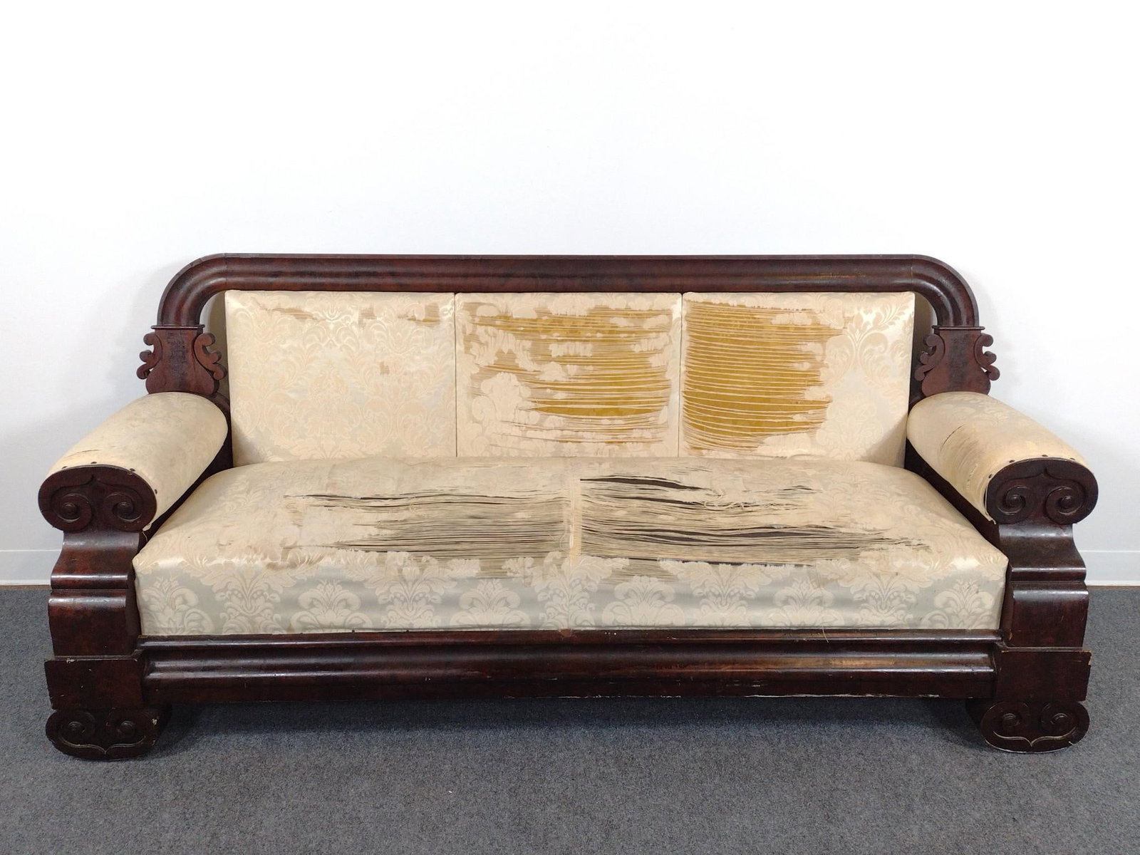 Antique American Classical Style Sofa: 84" wide X 26" deep X 36-1/4" high. Has been reupholstered. Wood frame has some finish loss.