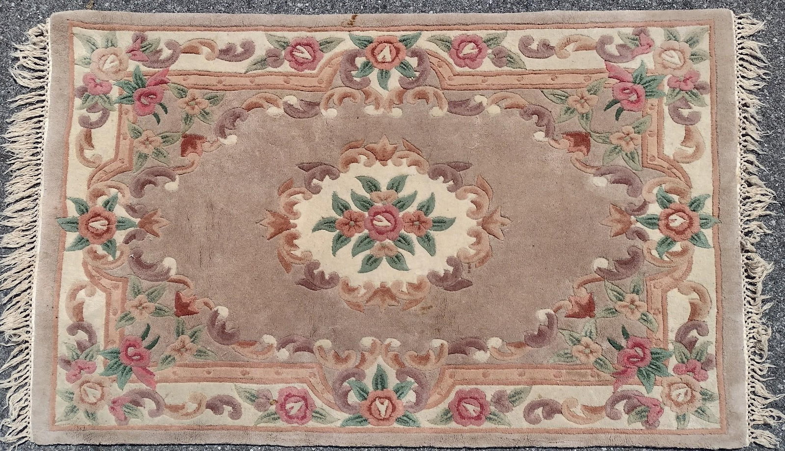 Chinese Area Rug: 6' long X 4' wide. Has spots of discoloring.