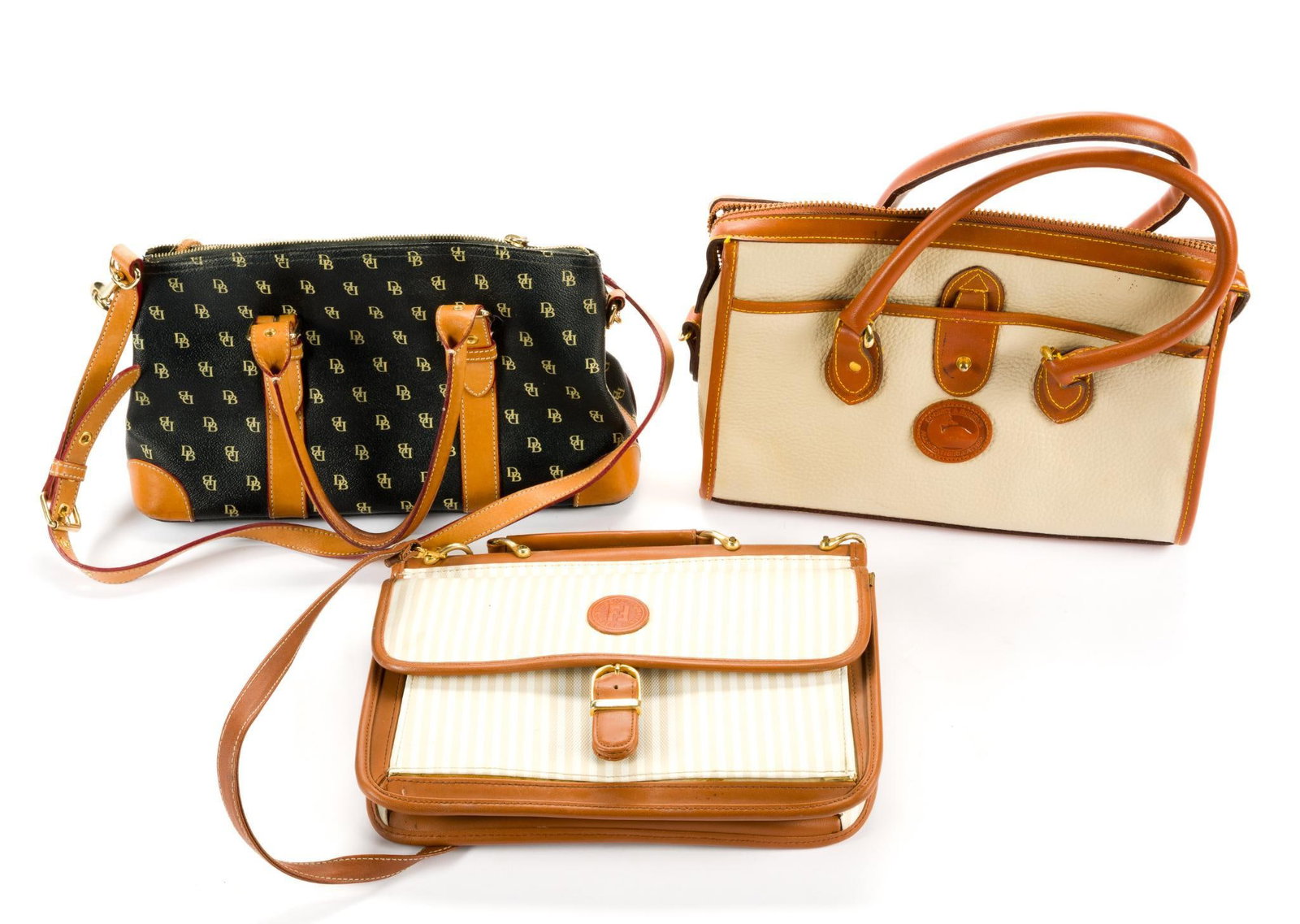 3 Designer Handbags Incl. Fendi: Also includes Dooney & Bourke. Fendi bag measures approximately 12" x 3" x 10", cream Dooney & Burke bag measures 12-1/2" x 4" x 9" and the black Dooney & Burke bag measures 13-1/2" x 5" x 8".