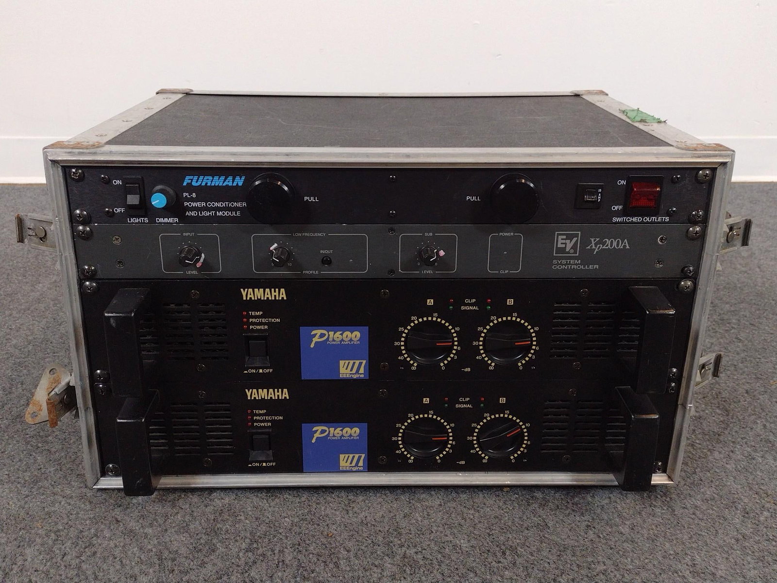 2 Yamaha P1600 Power Amps and Furman Power Supply: Overall with case 20" wide X 14-1/2" deep X 12" high. 