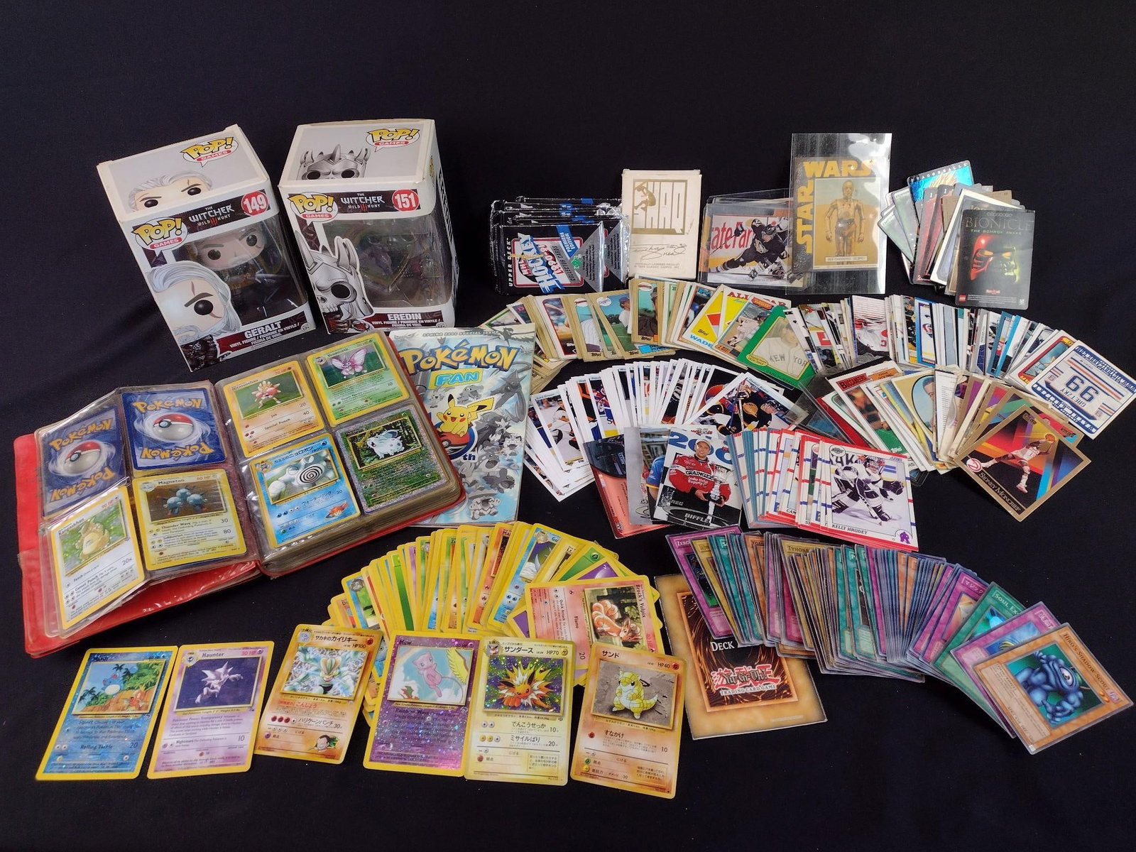 Trading Cards Incl. Pokemon, Yugio & Sports: Includes a Geralt of Rivia Funko Pop, an Eredin Funko Pop, a vintage Star Wars C-3PO sticker, 250 Pokemon cards, 38 Score NHL hockey cards, 61 baseball cards, 8 unopened packs of 1990-91 Upper