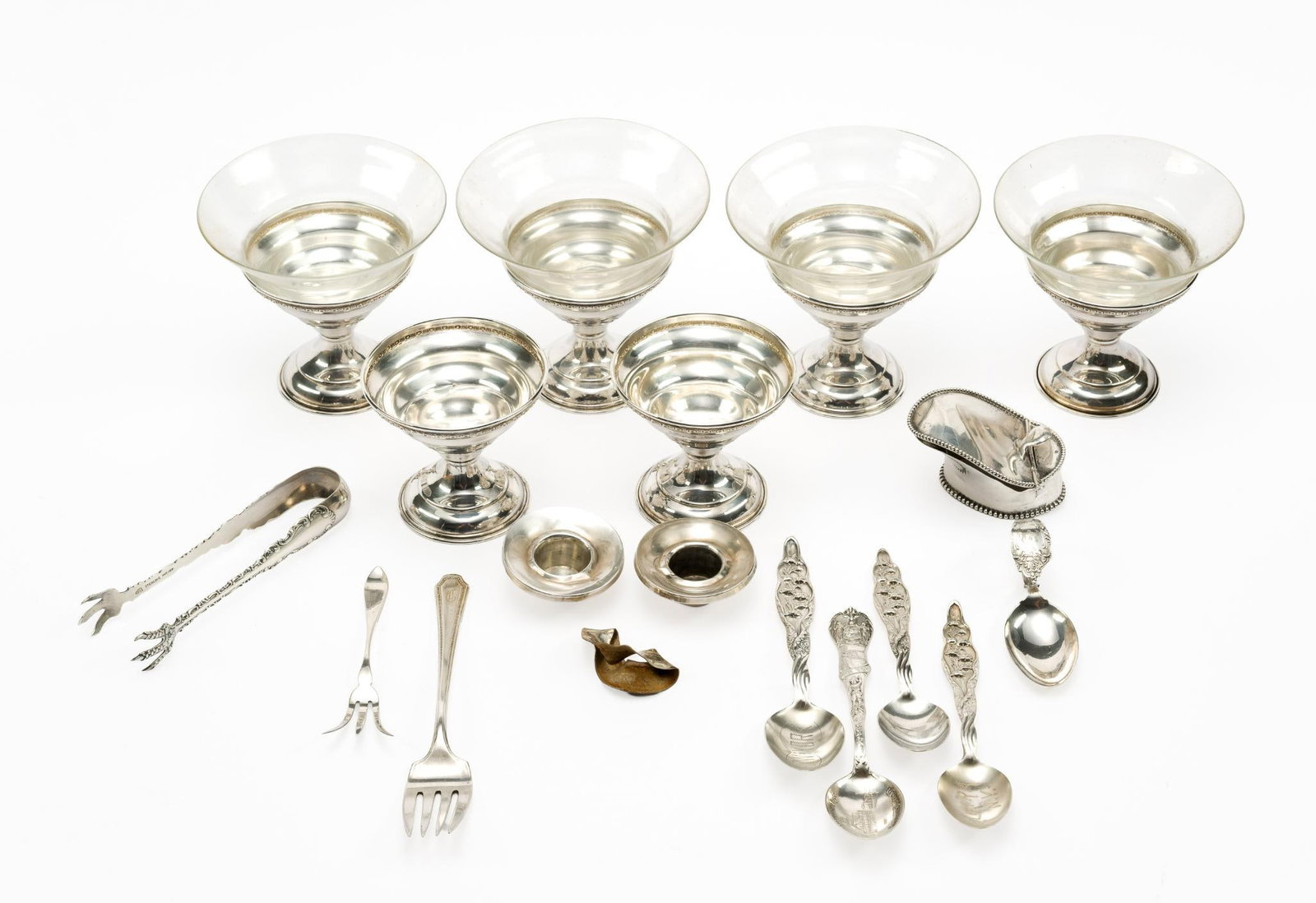 Sterling Silver Sherbet Bowls & Flatware: Set of six sterling silver-mounted sherbet bowls with glass inserts, two inserts missing. Together with assorted sterling silver articles, including a Chautauqua Lake souvenir spoon, sugar tongs, and 