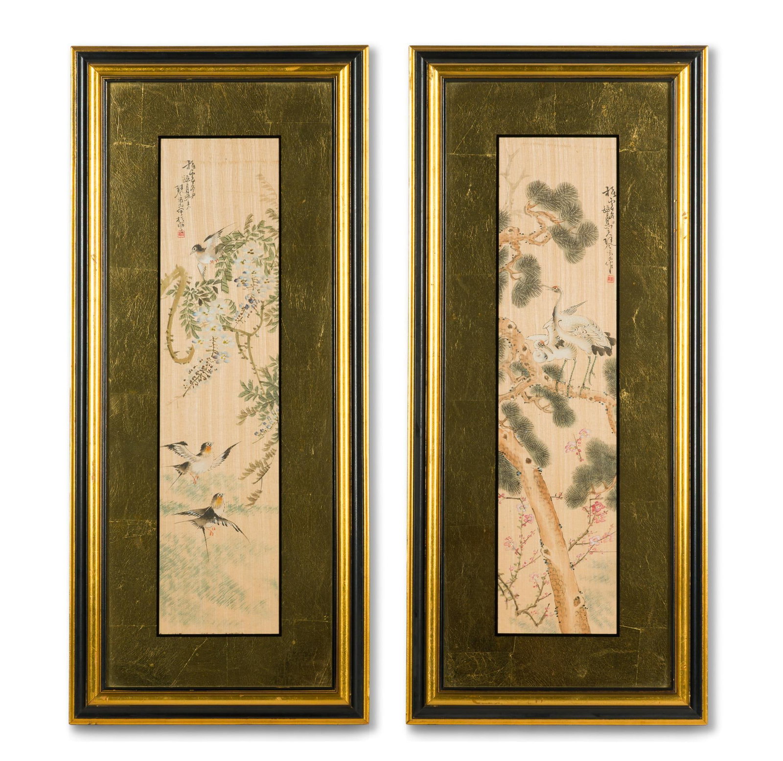 Pair of Framed Chinese Scroll Paintings: Each is signed and stamped by the same artist and is in a 29" x 12 1/2" frame.