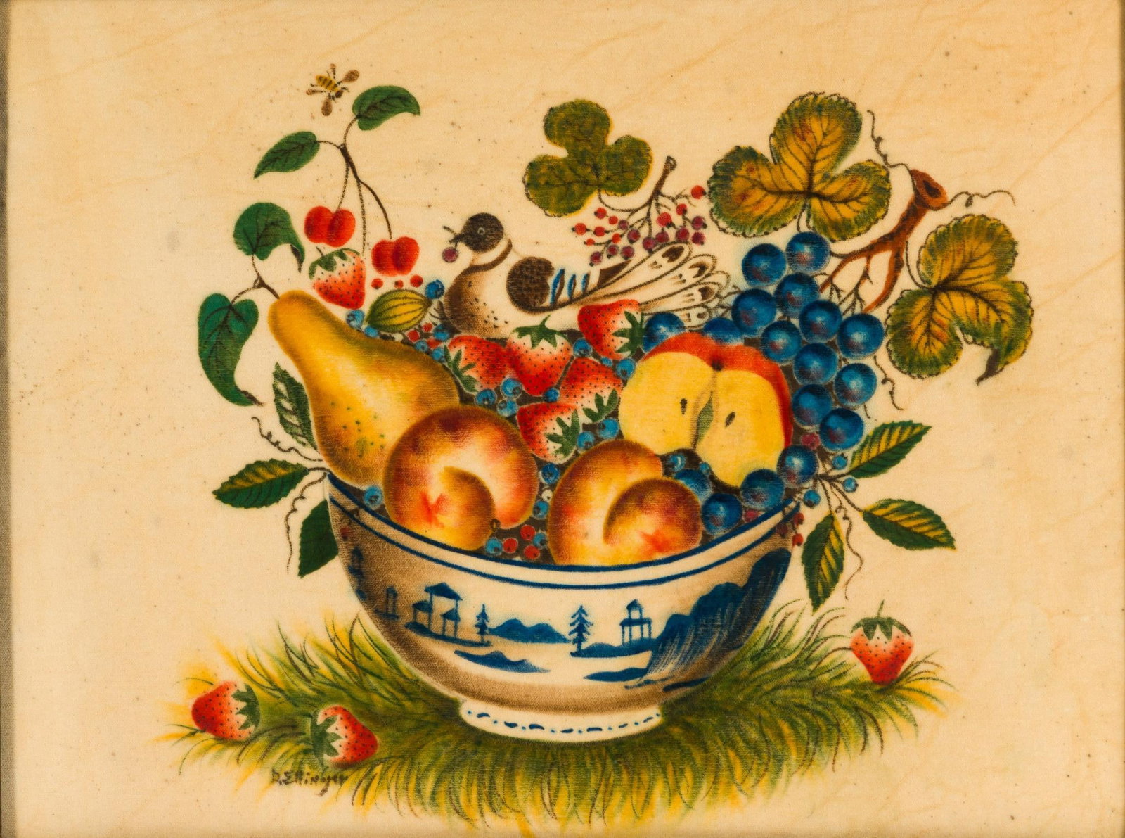 David Y. Ellinger (American, 1913–2003) Oil On Cotton Theorem Painting: A nice example in it's original frame with framed size 17 1/2" X 22 1/4". A fruit basket piece which was a common theme of David Ellinger, Pennsylvania 1913 - 2003. It is signed D. Ellinger. Davi