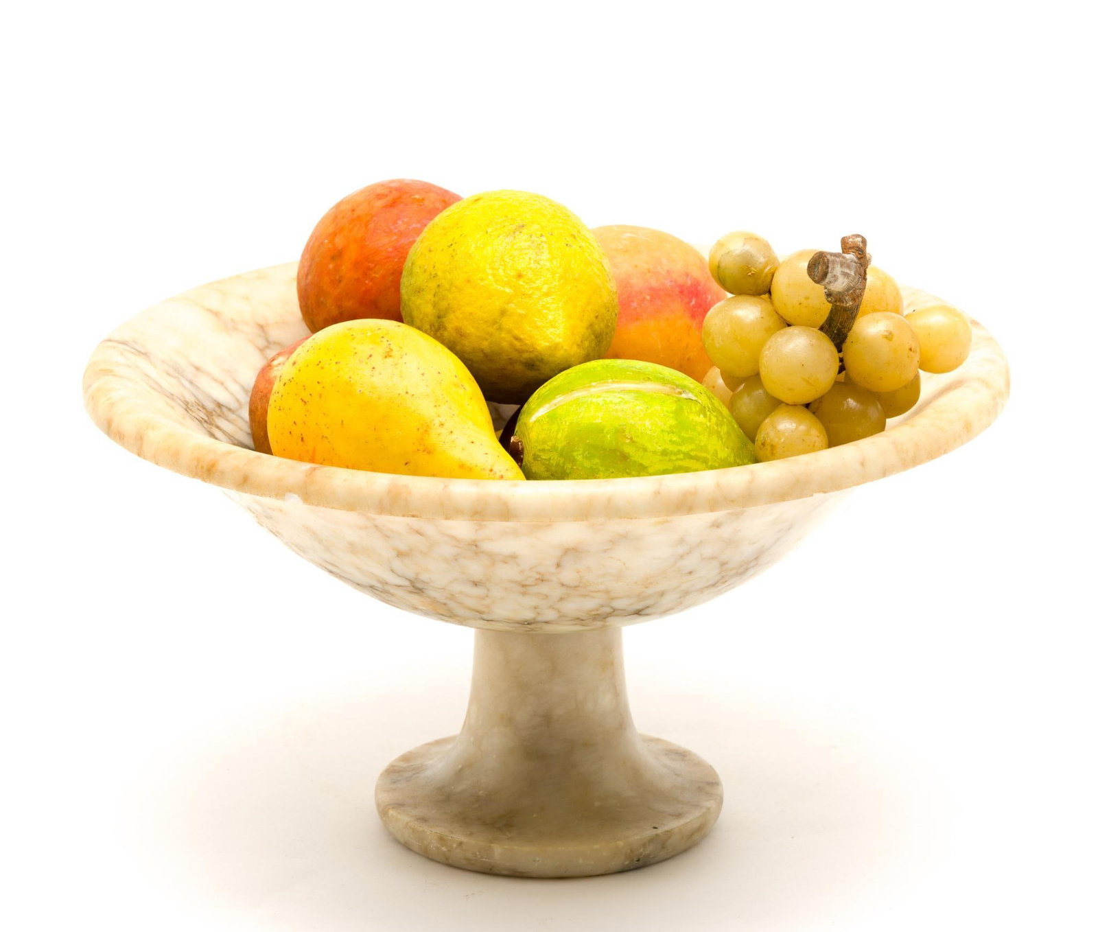 9 Italian Stone Carved Fruit Incl. Marble Stone Bowl: A variety of stone-carved fruits. With a marble pedestal bowl for display. Several fruits with a sticker that reads "Made in Italy". 2-1/2" to 11-3/4". 